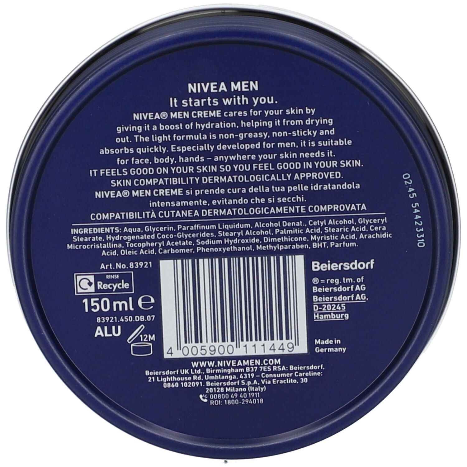 Retro del barattolo blu. Testo con ingredienti e informazioni produttore. In basso codice a barre e "150ml".