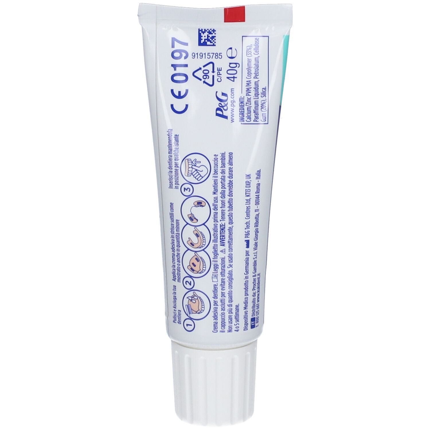 Retro di un tubetto di dentifricio. Informazioni, ingredienti, dati del produttore e marchio CE visibili.