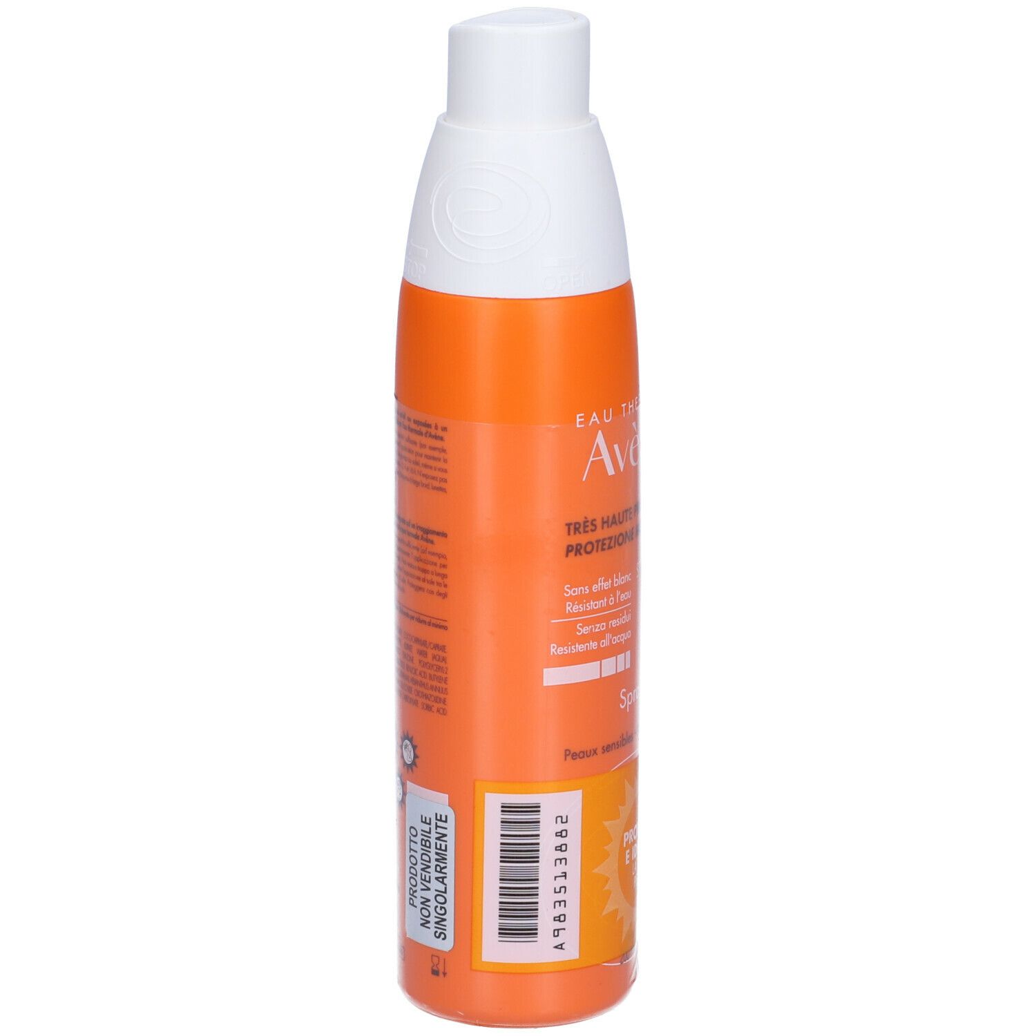 Flacone spray solare arancione con tappo bianco. Testo: Eau Thermale Avène, SPF 50+, Spray. Codice a barre e testo sul retro.