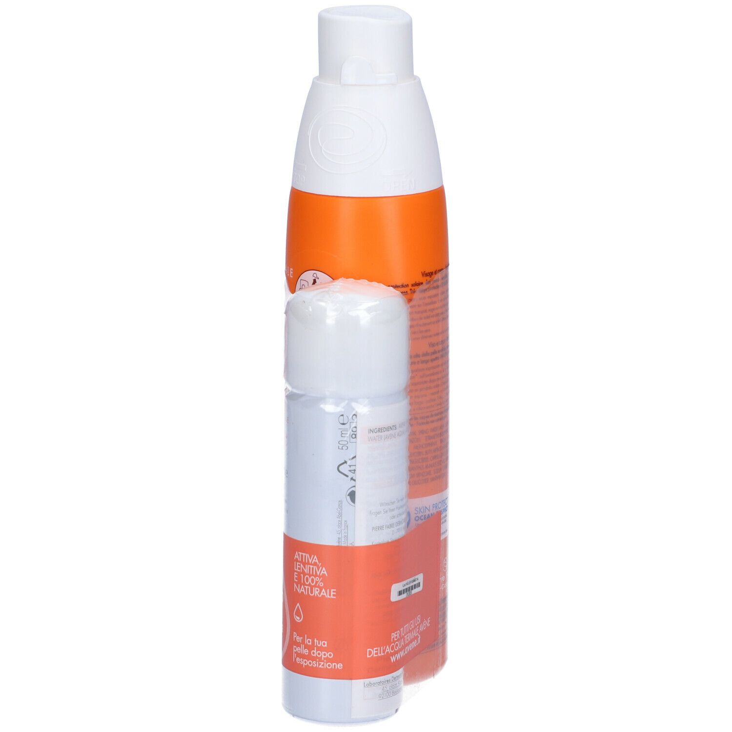 Spray solare e regalo di acqua termale, vista laterale. Flaconi arancioni e bianchi. Testo: Eau Thermale Avène, SPF 50+, Spray, in regalo.