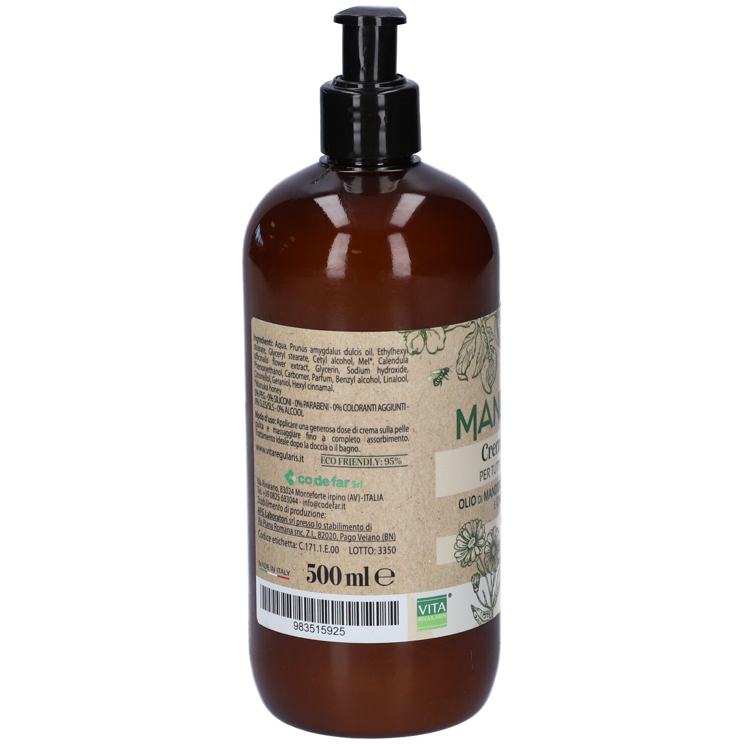 Flacone marrone con dosatore nero. Retro con ingredienti e informazioni. 500ml.