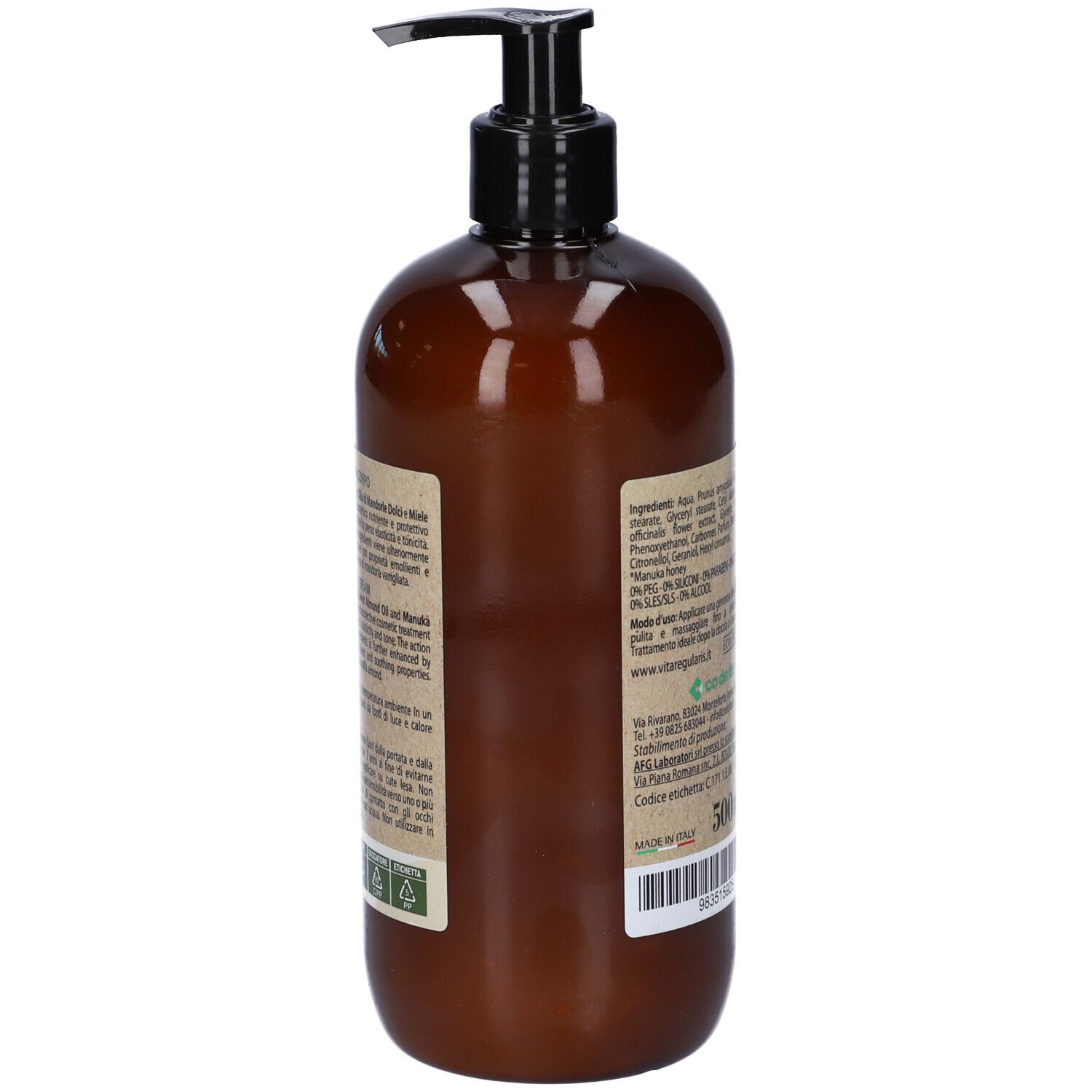 Flacone marrone con dosatore nero. Retro con ingredienti e informazioni.