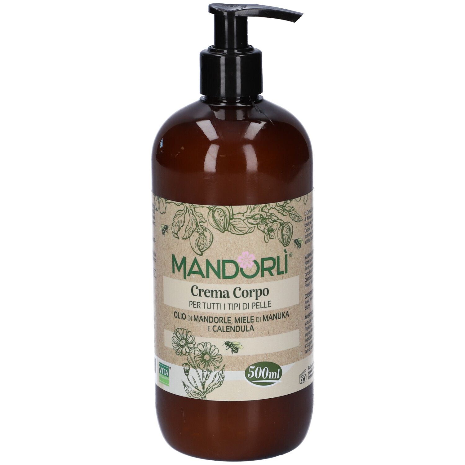 Flacone marrone con dosatore nero. Etichetta con nome del prodotto e ingredienti. 500ml.