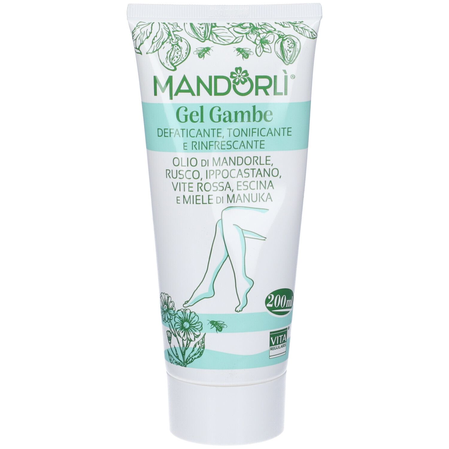 Tubo con testo e illustrazione di gambe. Colore verde e bianco. Volume: 200ml.