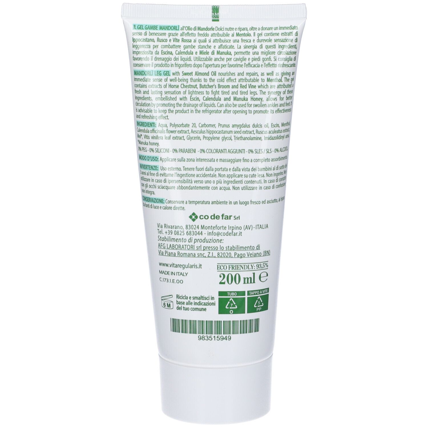 Retro di un tubo. Testo multilingue. Volume: 200 ml. Colori verde e bianco. Simboli di riciclaggio.