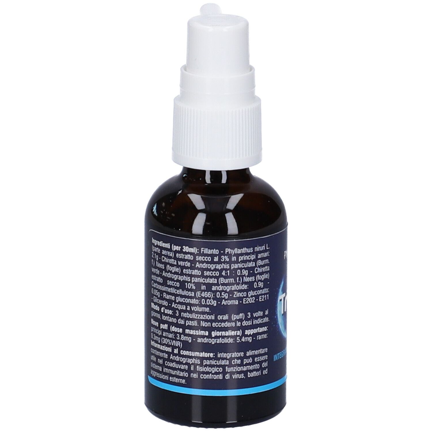 Flacone in vetro marrone con nebulizzatore bianco. Scritta Trivir, 30ml e PhytoItalia. Testo con ingredienti.