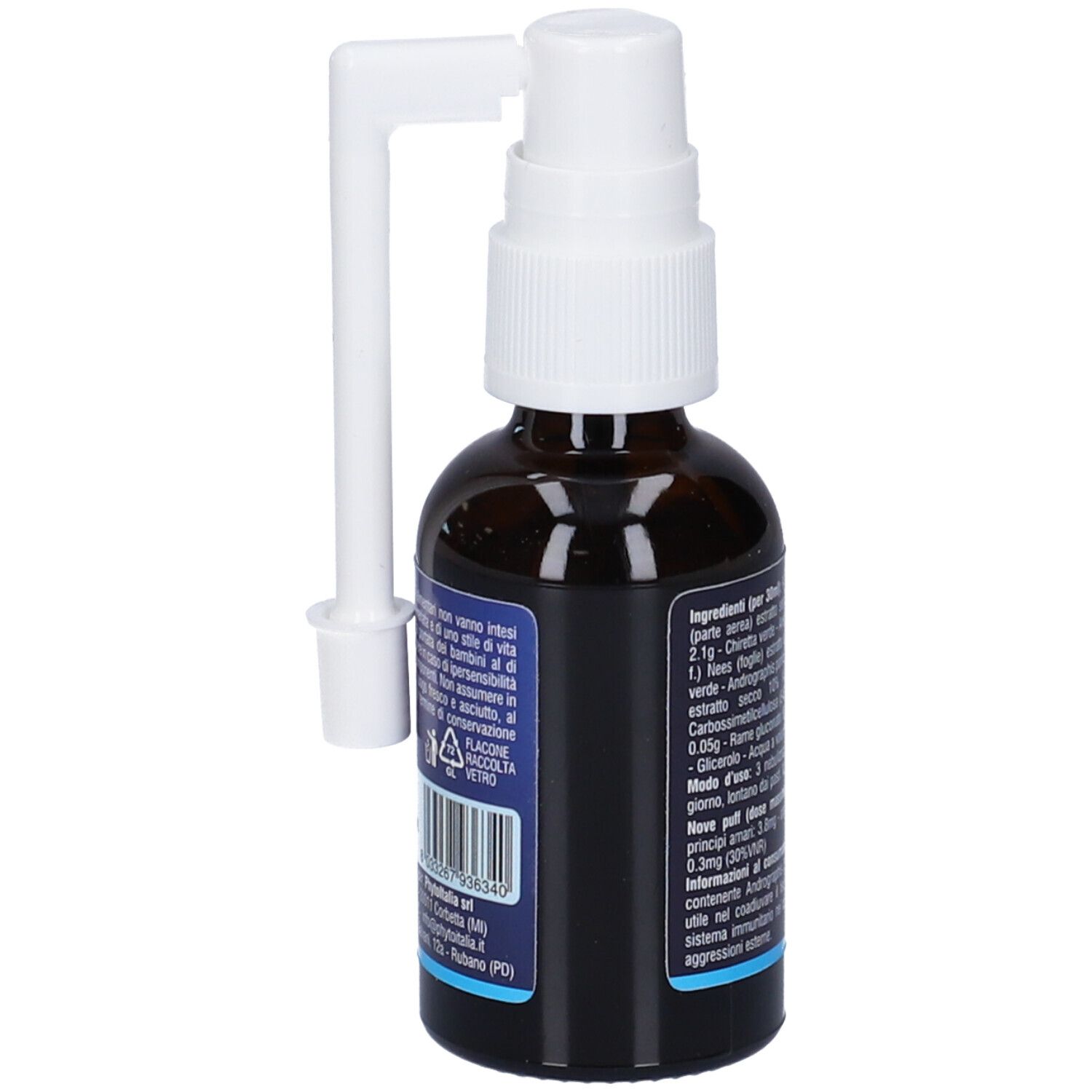 Flacone in vetro marrone con nebulizzatore bianco e applicatore. Scritta Trivir, 30ml e PhytoItalia.