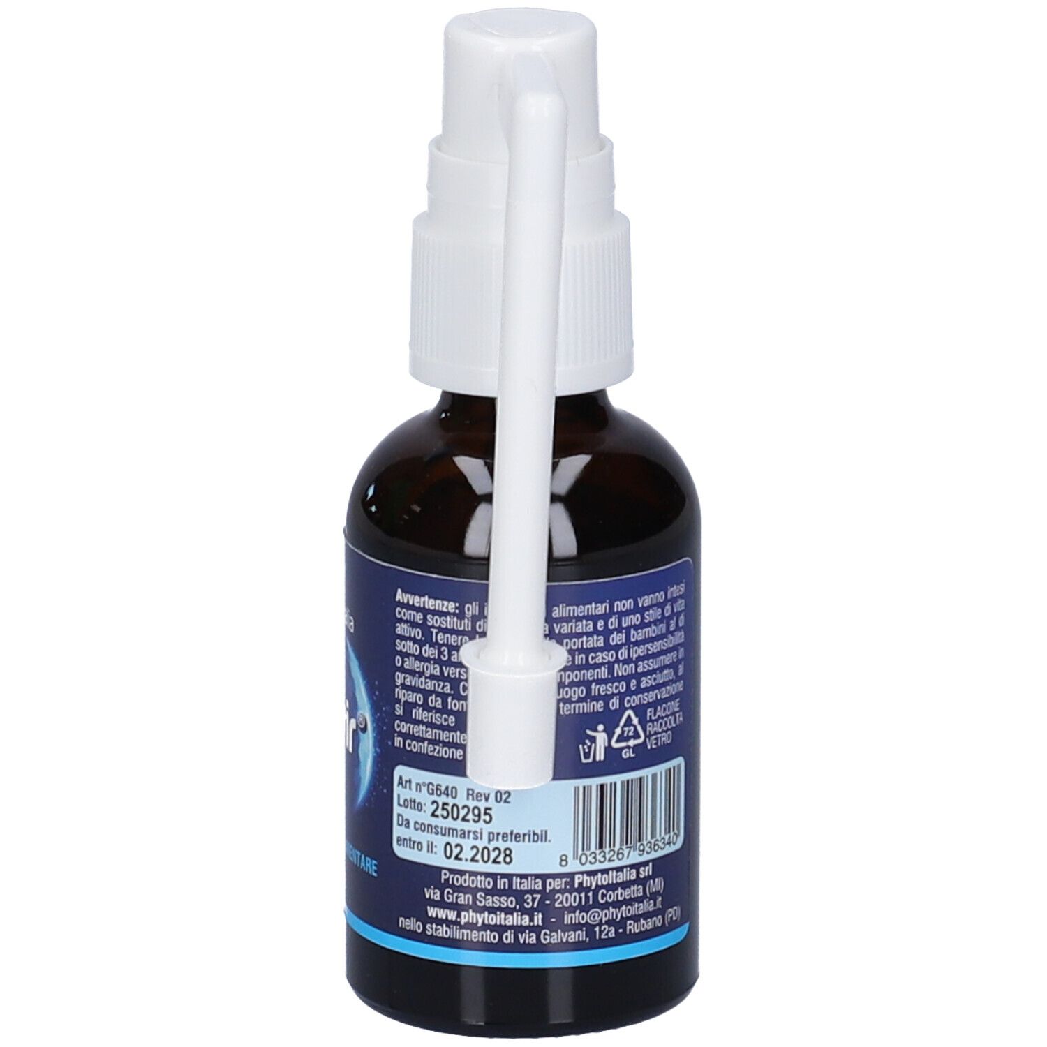 Flacone in vetro marrone con nebulizzatore bianco e applicatore. Scritta Trivir, 30ml e PhytoItalia. Retro.