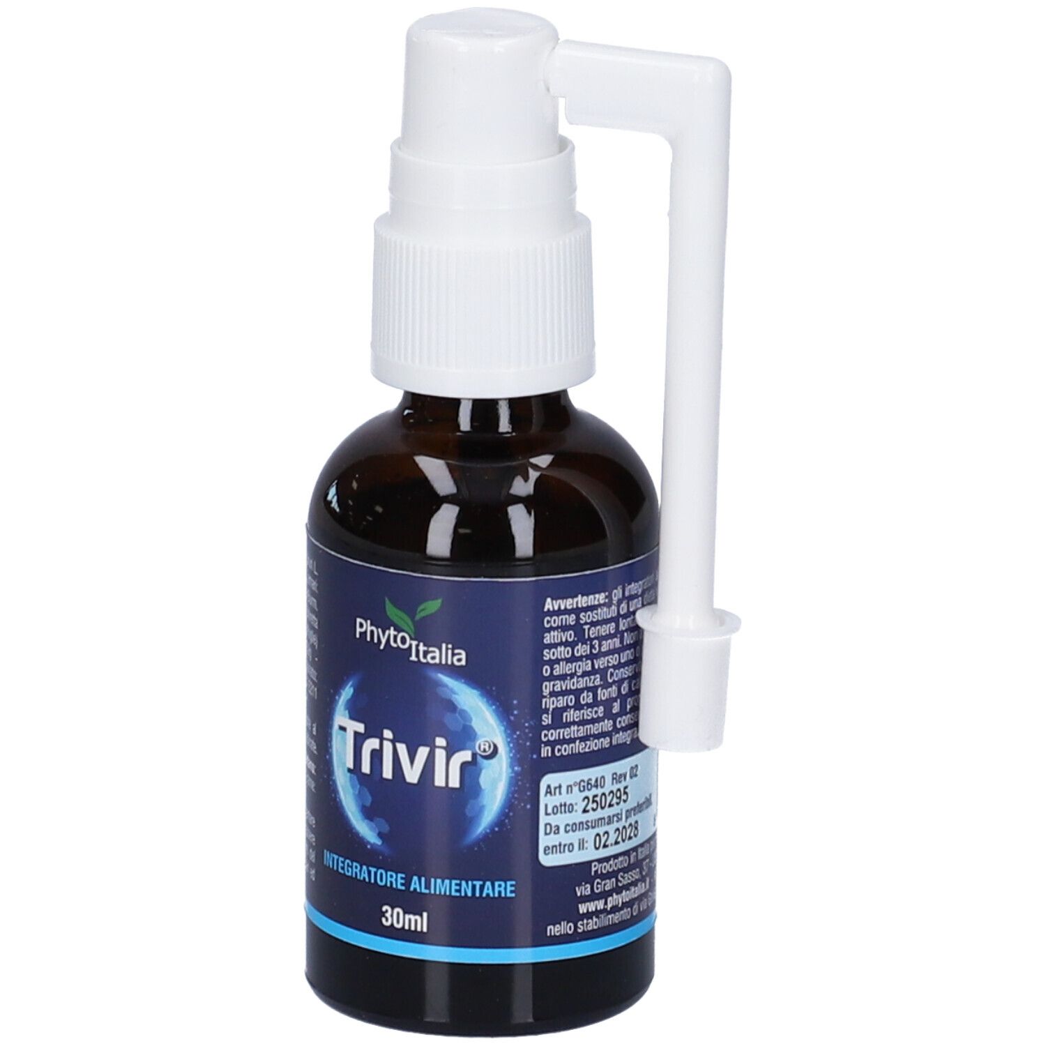 Flacone in vetro marrone con nebulizzatore bianco e applicatore. Scritta Trivir, 30ml e PhytoItalia.
