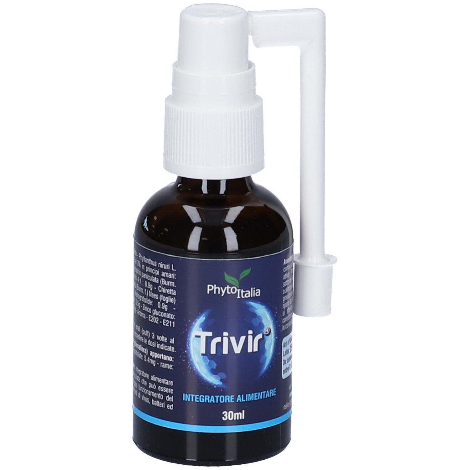 Flacone in vetro marrone con nebulizzatore bianco. Scritta Trivir, 30ml e PhytoItalia. Testo con ingredienti.