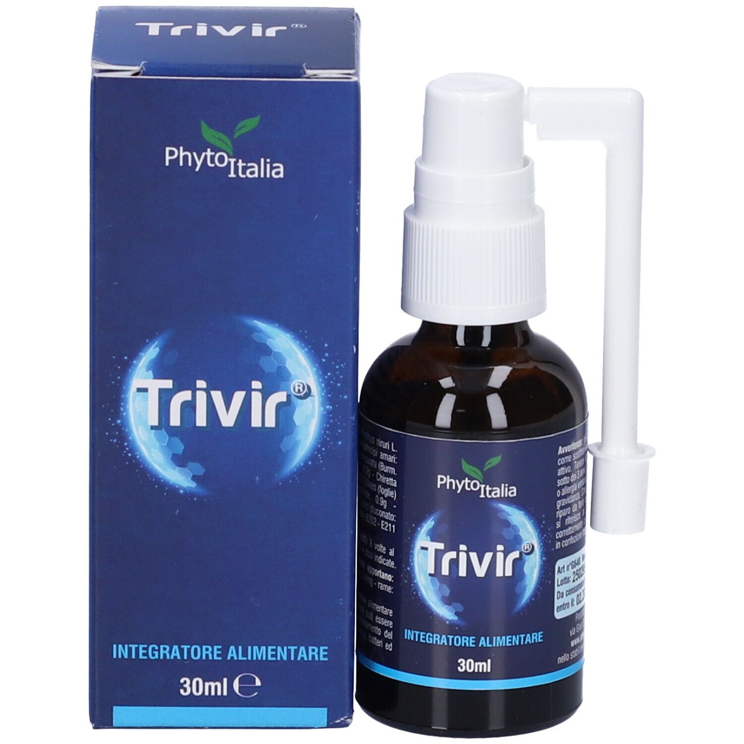Flacone in vetro marrone con nebulizzatore bianco e applicatore, accanto a una scatola blu. Scritta Trivir, 30ml.