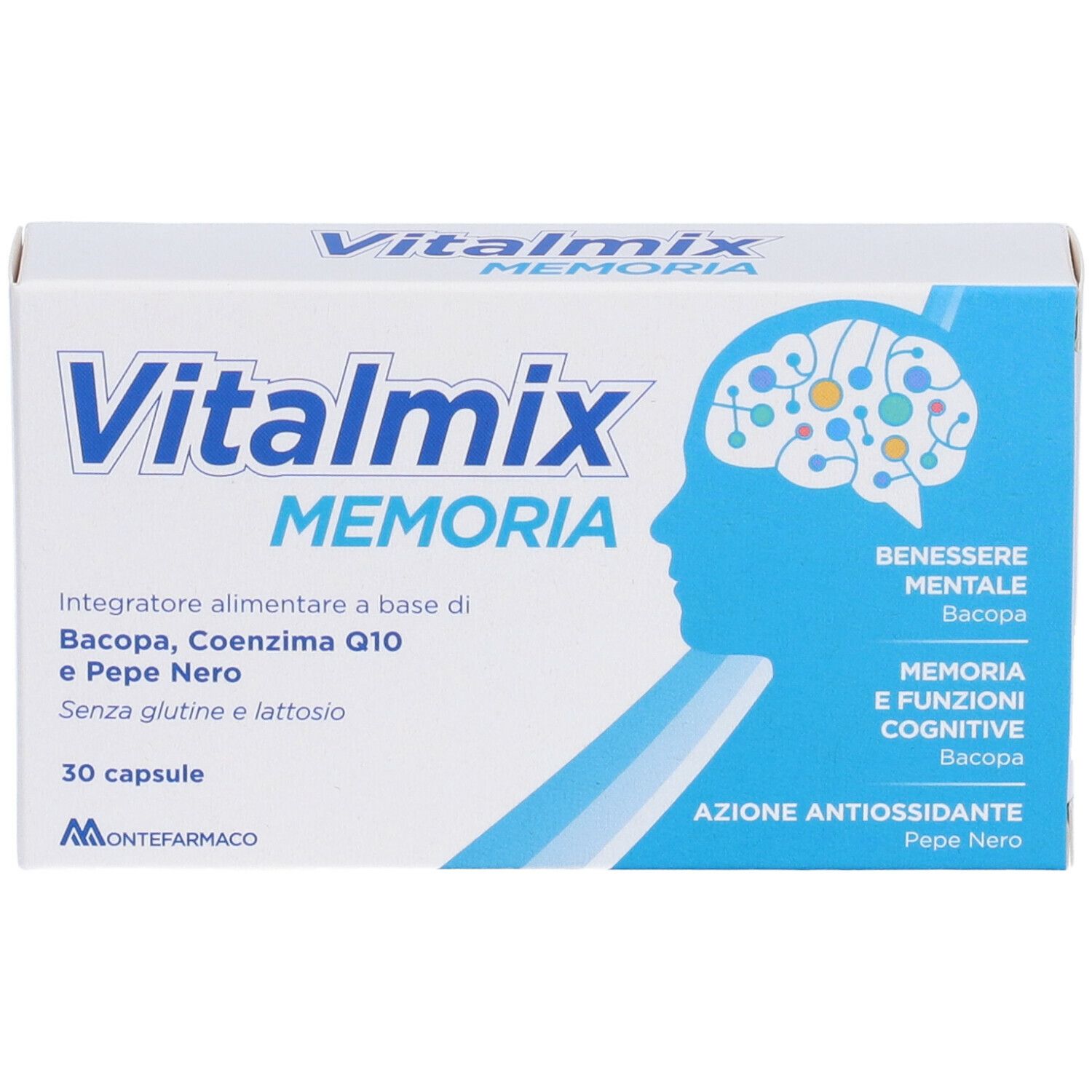 Scatola bianca con logo "Vitalmix Memoria" e design cervello blu. Contiene 30 capsule. Marchio Montefarmaco.