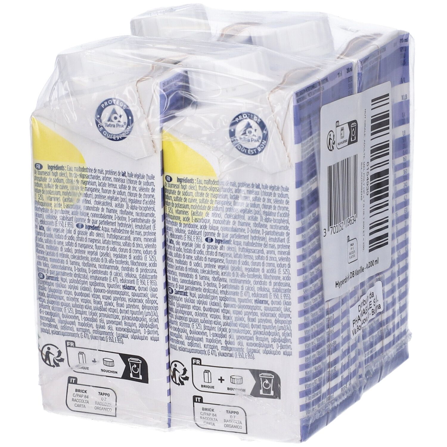 Retro della confezione di bevande. Testo multilingue. Informazioni su ingredienti e valori nutrizionali. 200 ml per bevanda.