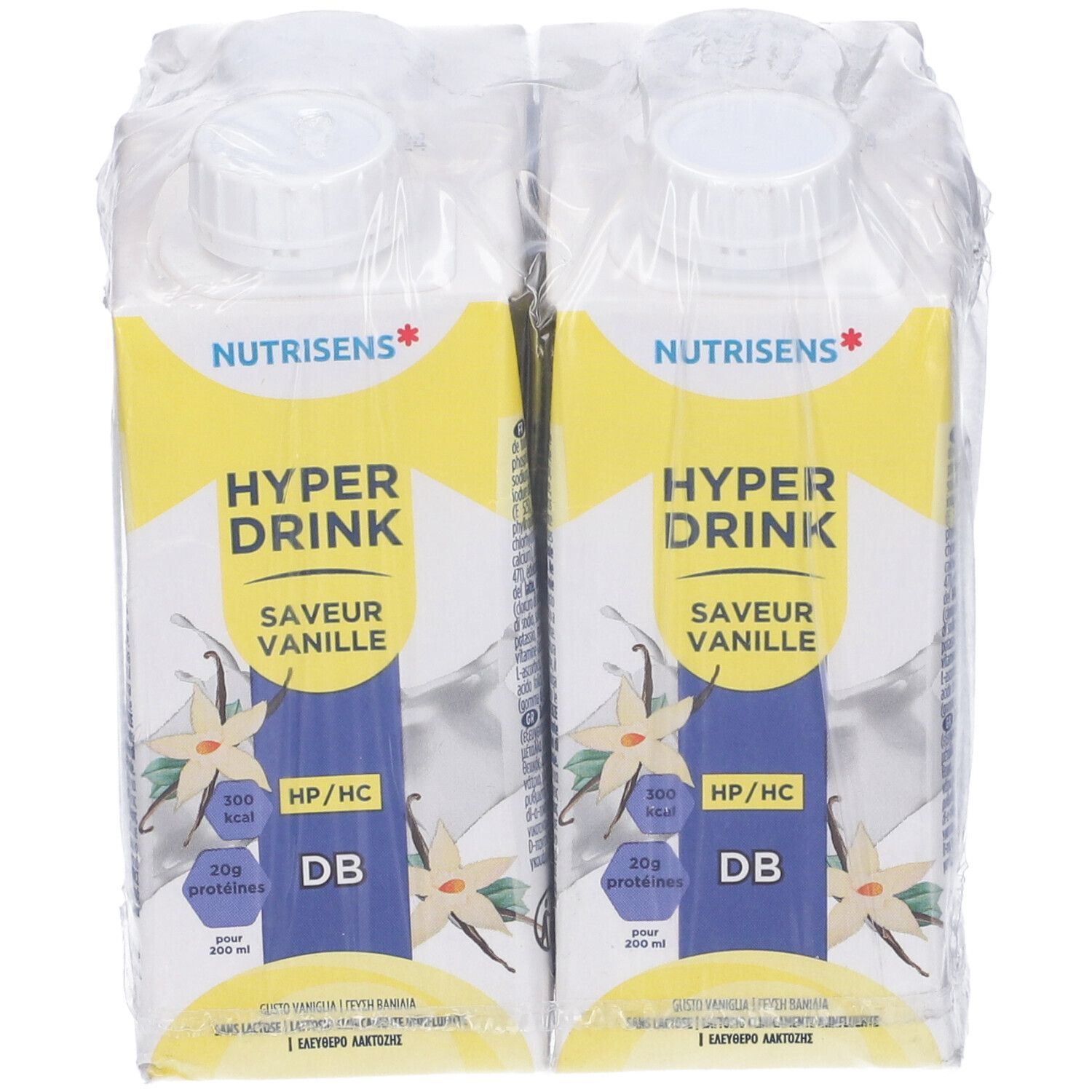 Confezione da due bevande. Scritta: Hyperdrink, Vaniglia. Marchio: Nutrisens. 200 ml per bevanda.