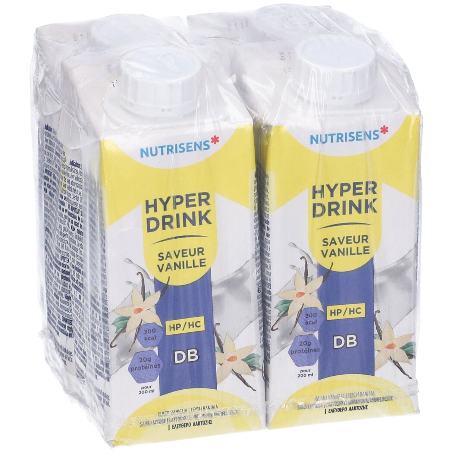 Confezione da due bevande. Scritta: Hyperdrink, Vaniglia. Marchio: Nutrisens. 200 ml per bevanda.