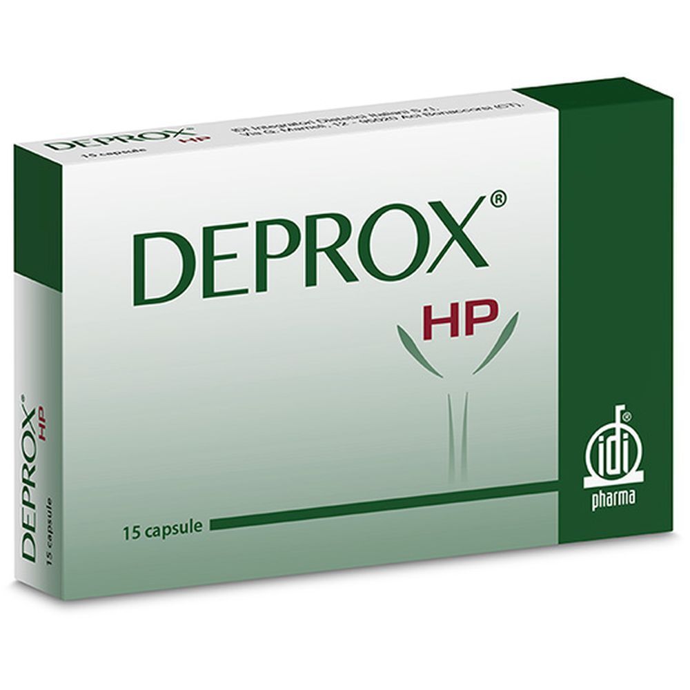 Scatola "DEPROX HP" con 15 capsule. Confezione verde e bianca, logo IDI Pharma.