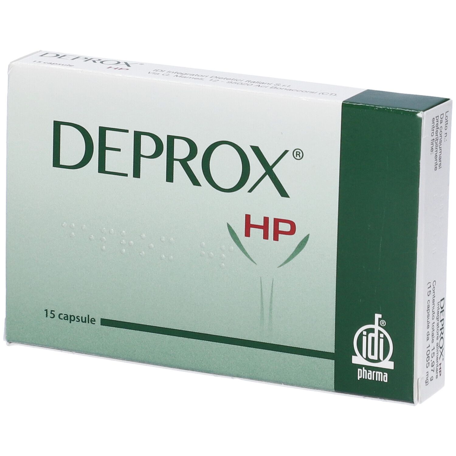 Scatola "DEPROX HP" con 15 capsule. Confezione verde e bianca, logo IDI Pharma. Vista prospettica.