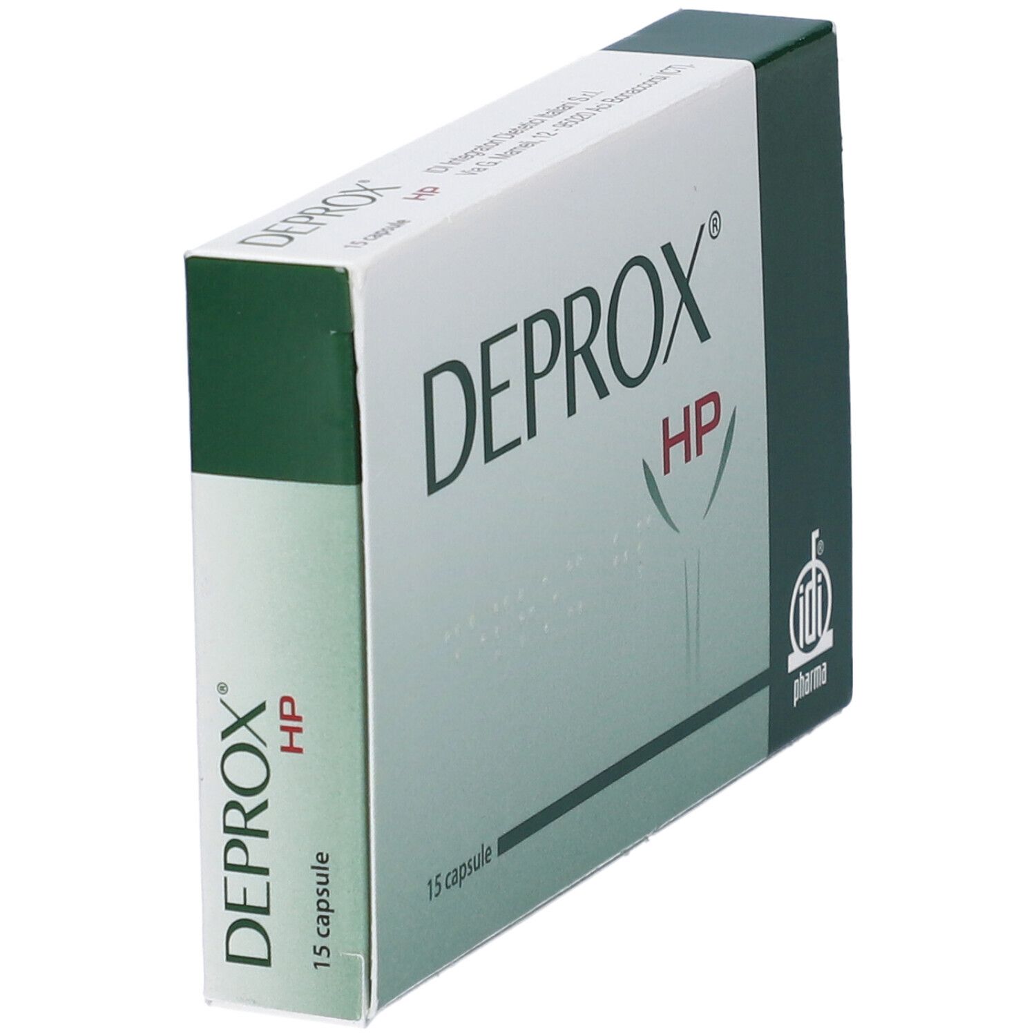 Scatola "DEPROX HP" con 15 capsule. Confezione verde e bianca, logo IDI Pharma. Vista prospettica.