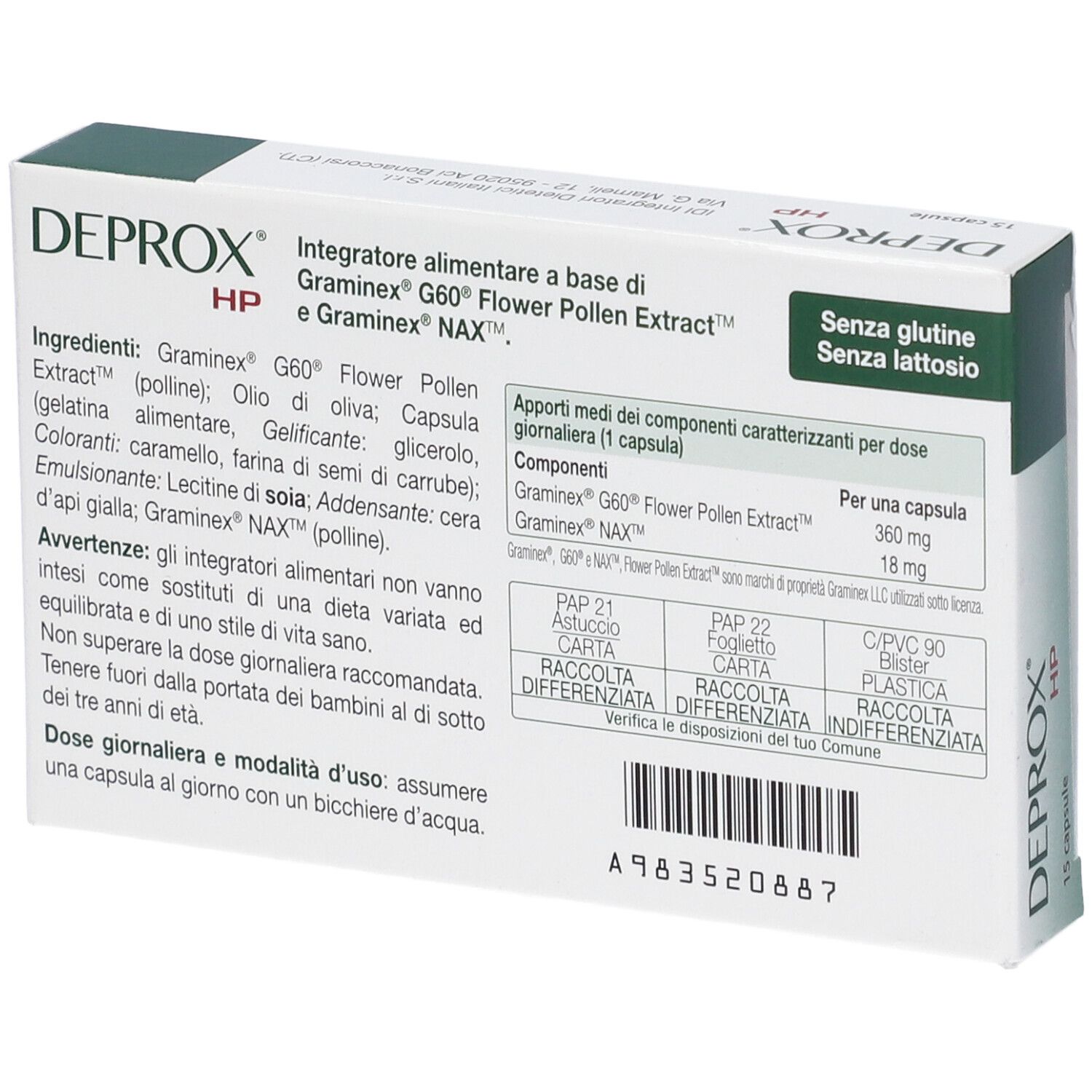 Retro della confezione del prodotto. Informazioni testuali, ingredienti, informazioni nutrizionali. Senza glutine, senza lattosio.