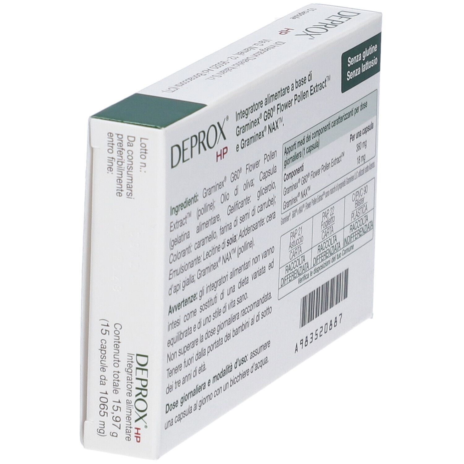 Confezione "DEPROX HP" con 15 capsule. Retro con ingredienti e informazioni nutrizionali. Senza glutine.