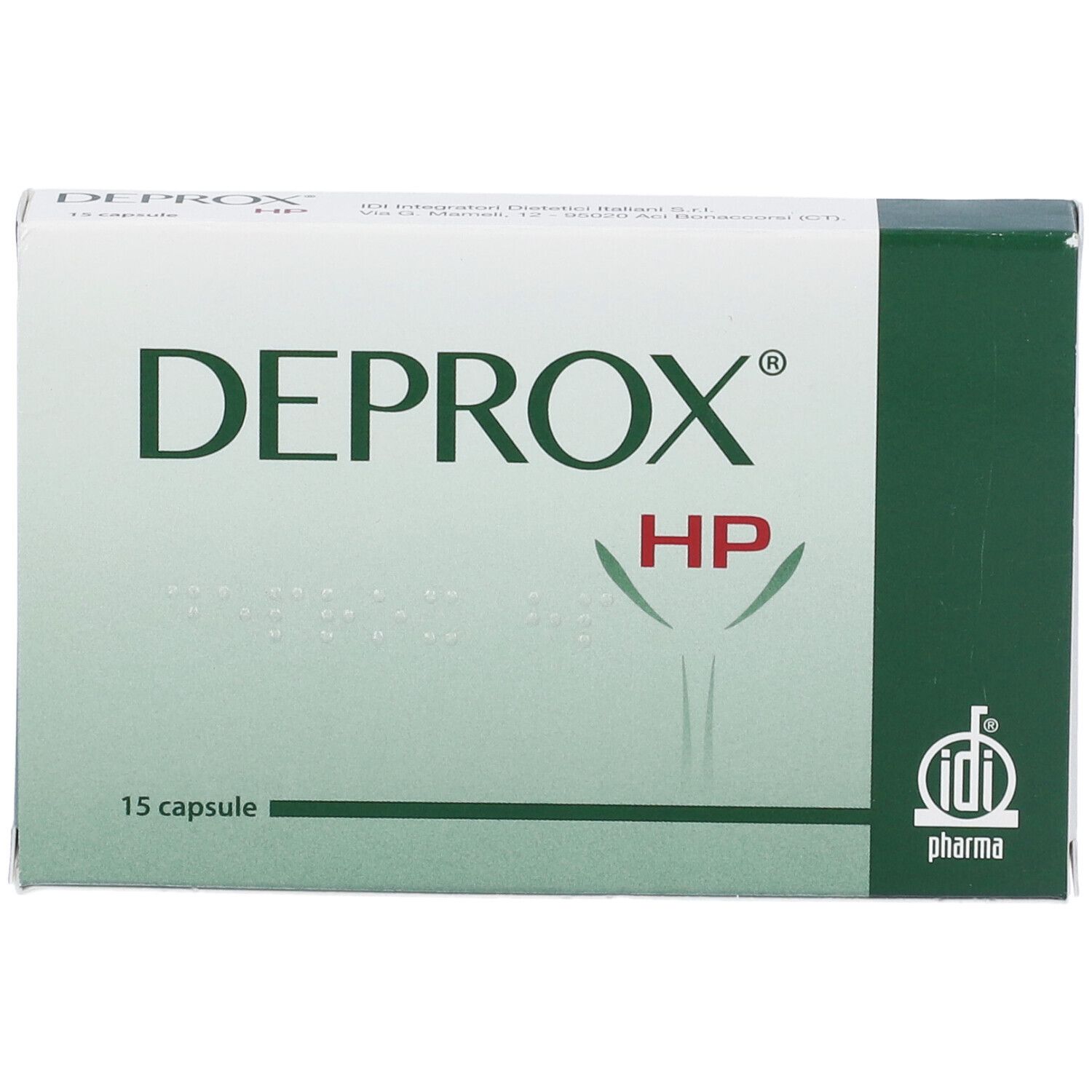 Scatola "DEPROX HP" con 15 capsule. Confezione verde e bianca, logo IDI Pharma.