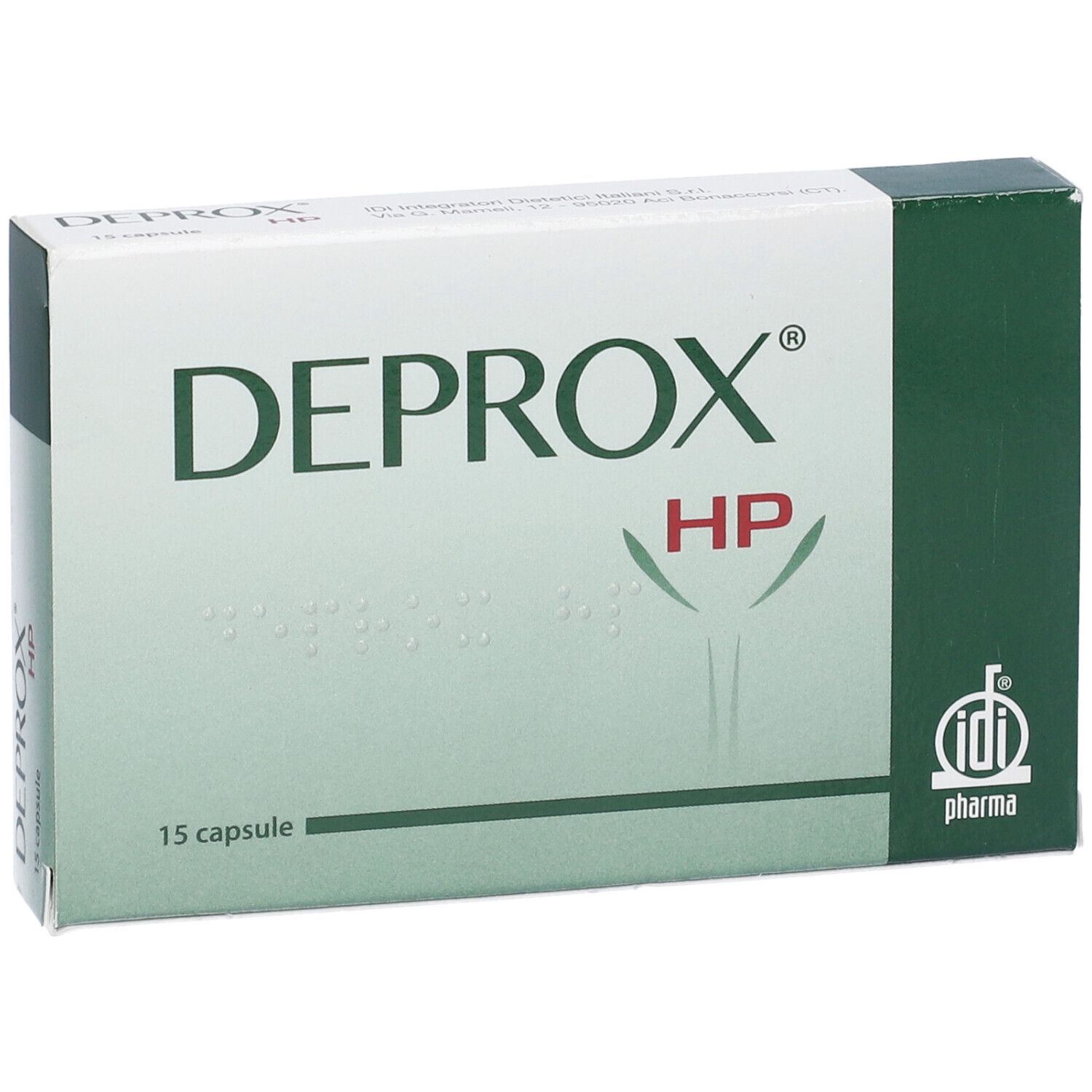 Scatola "DEPROX HP" con 15 capsule. Confezione verde e bianca, logo IDI Pharma.