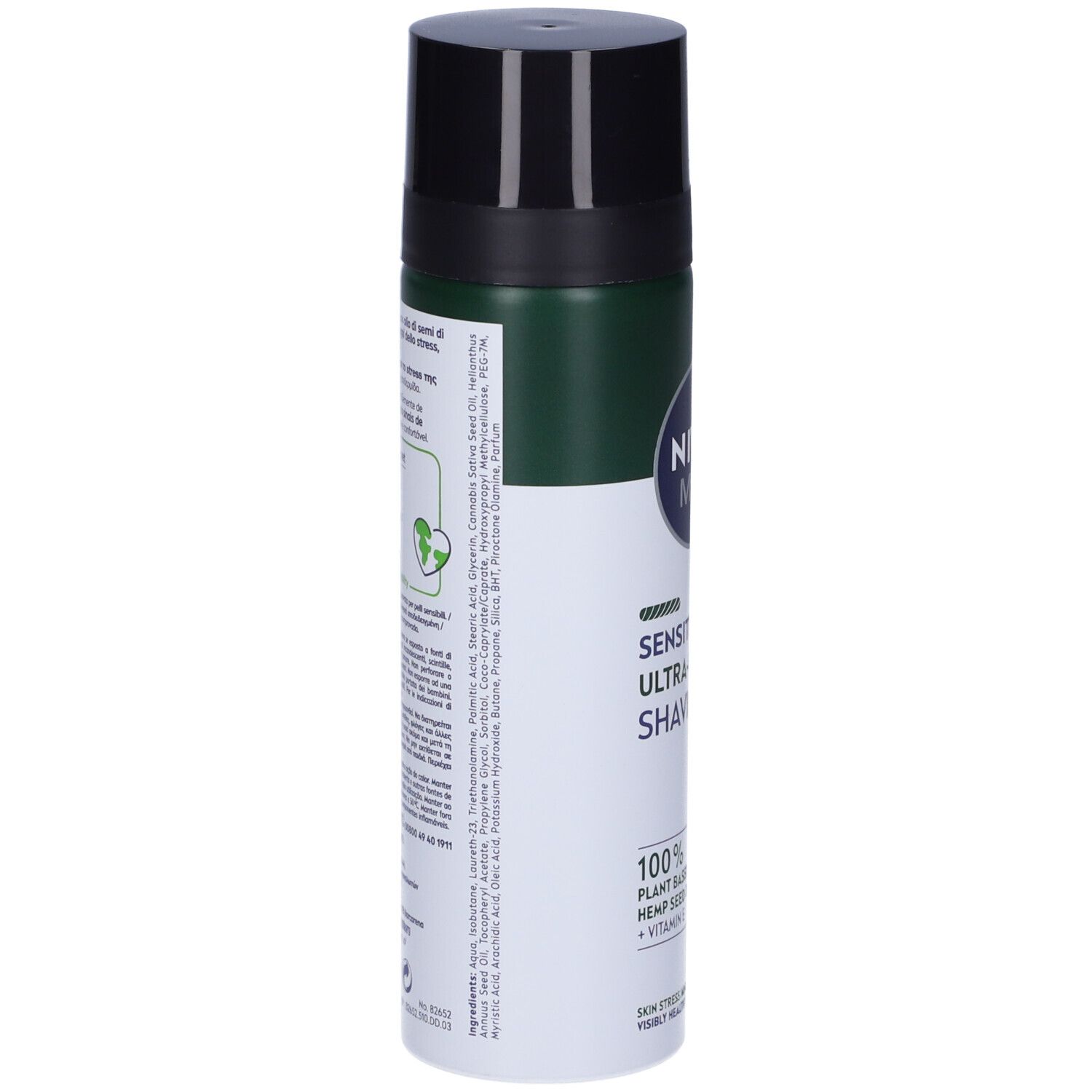 Schiuma da barba NIVEA MEN Sensitive Pro. Retro del flacone con informazioni e testo. Striscia verde e tappo nero.