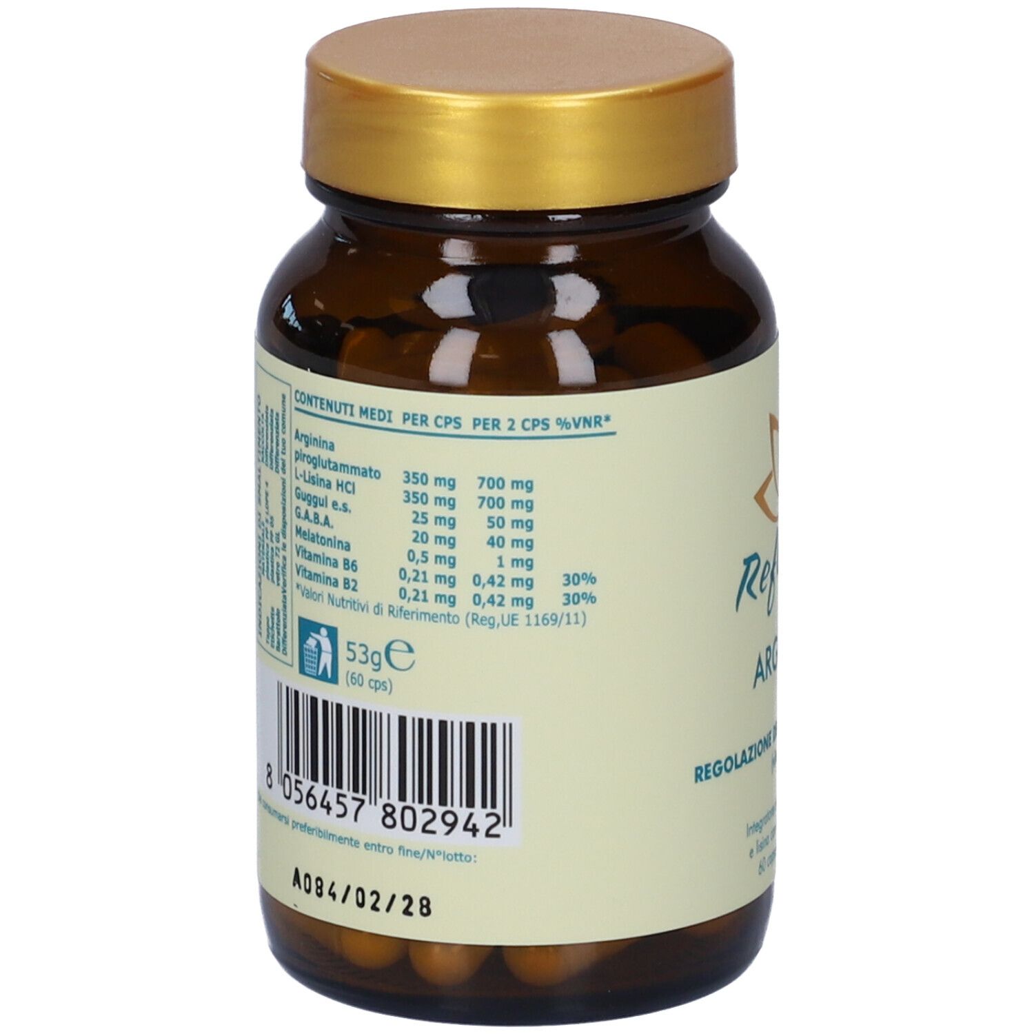 Retro del flacone. Etichetta con informazioni nutrizionali e codice a barre. Contiene capsule.