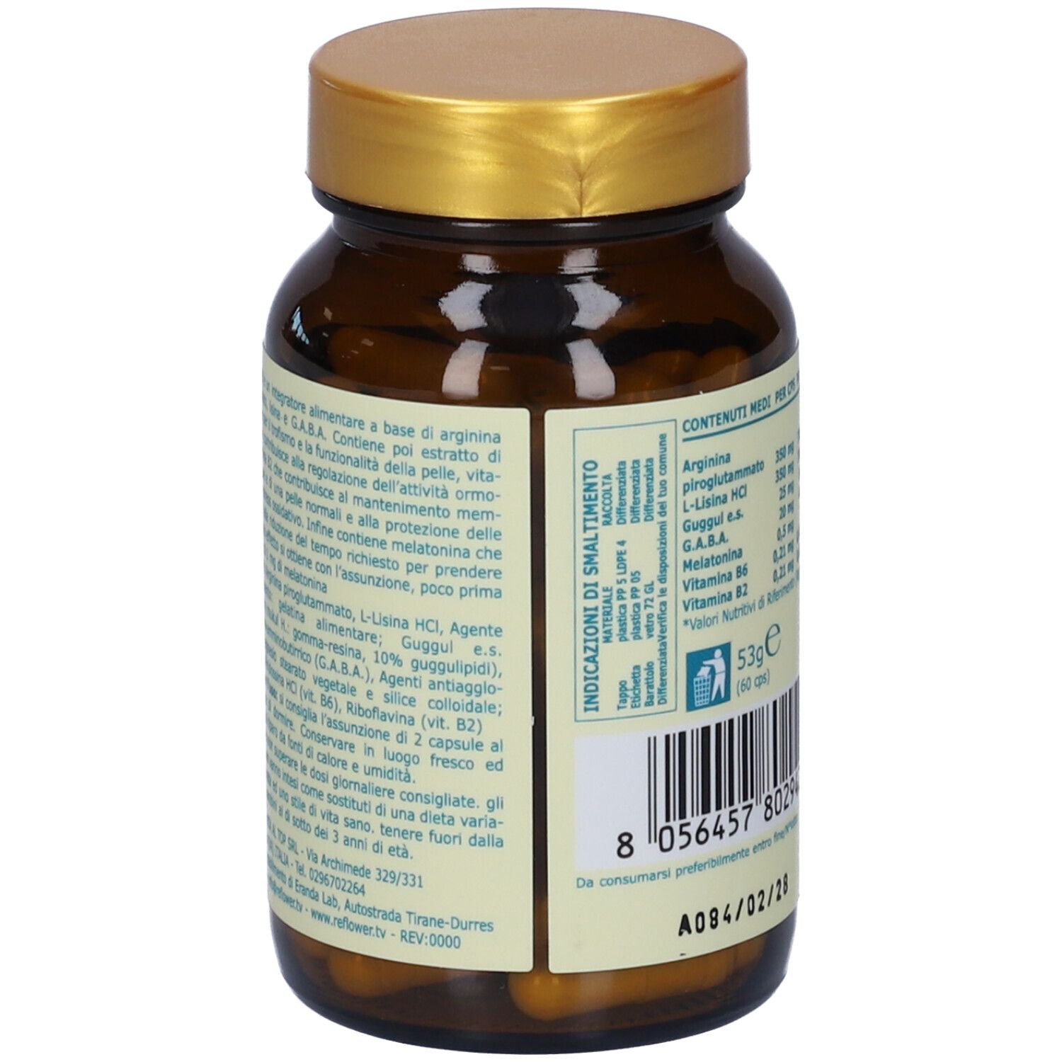 Retro del flacone. Etichetta con ingredienti e istruzioni per l'uso. Contiene capsule.