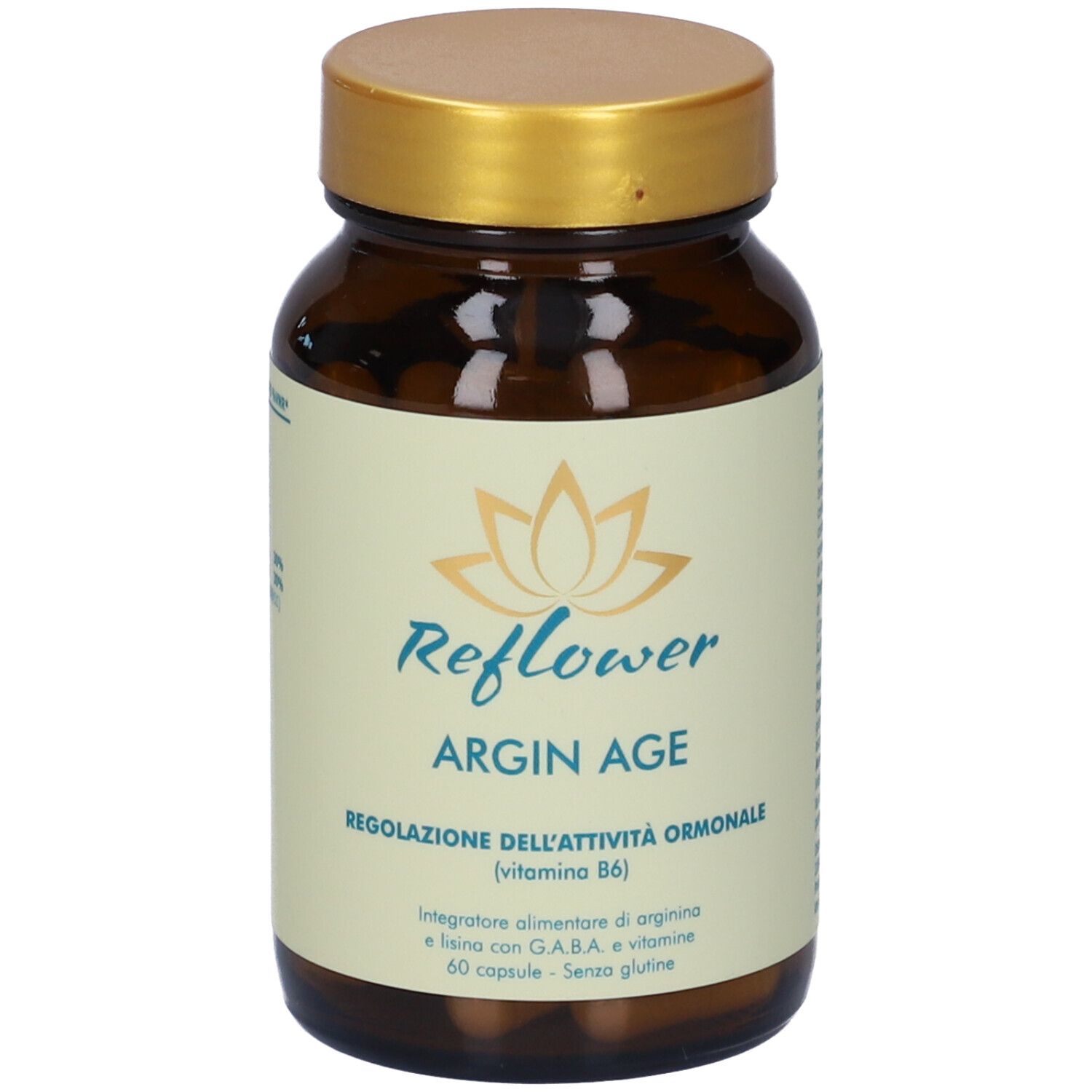 Flacone di vetro marrone con tappo dorato. Etichetta con nome e logo del prodotto. Contiene capsule.