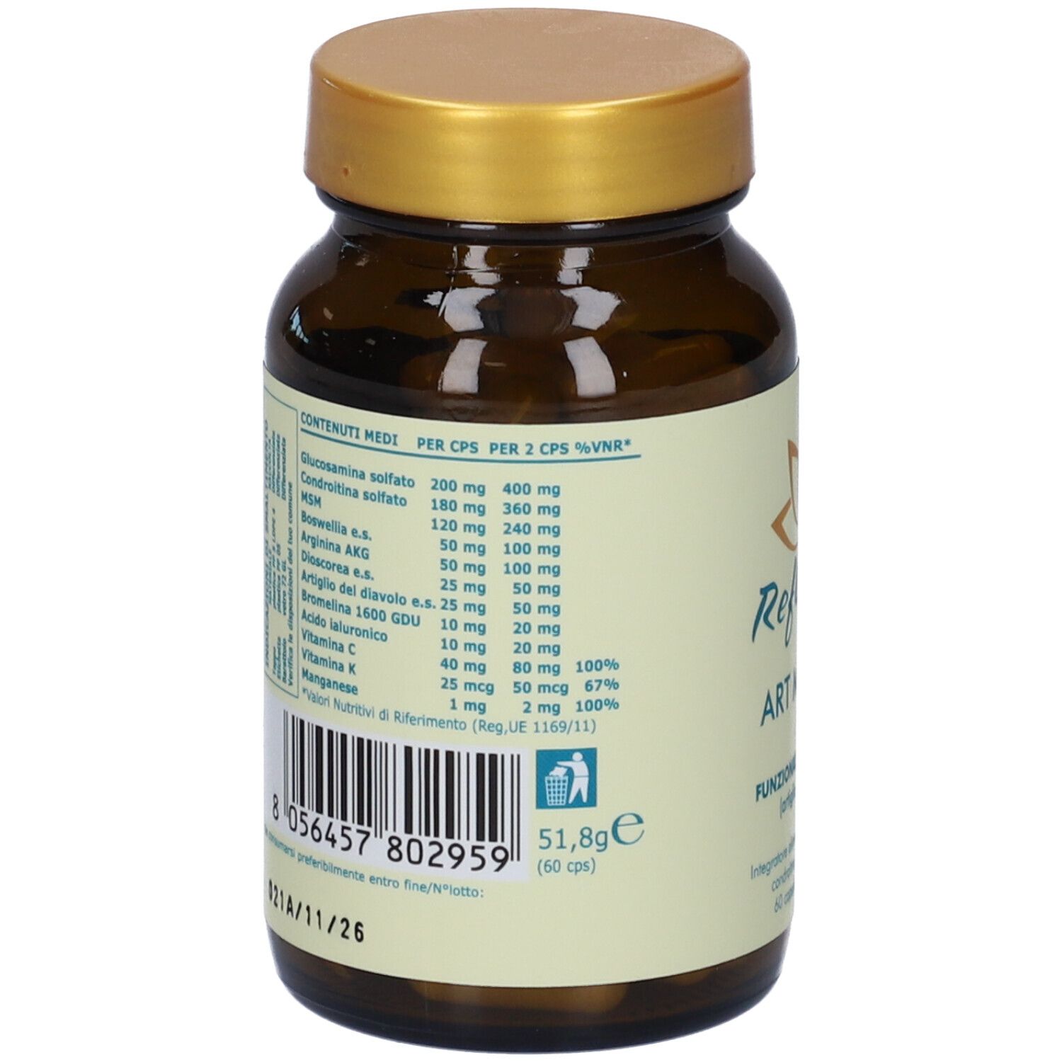 Retro del flacone. Elenco degli ingredienti per porzione. Codice a barre e data di scadenza.