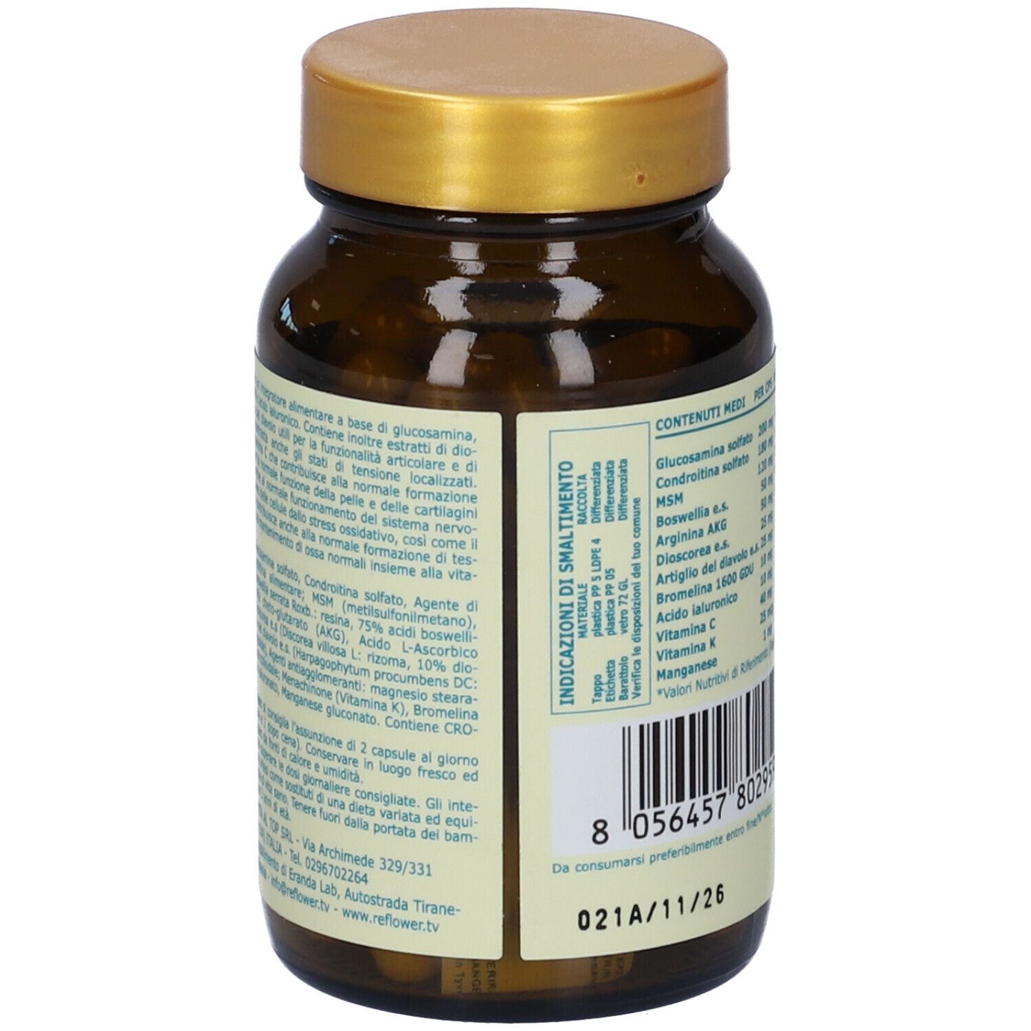 Retro del flacone con testo. Ingredienti, istruzioni per l'uso e informazioni del produttore.