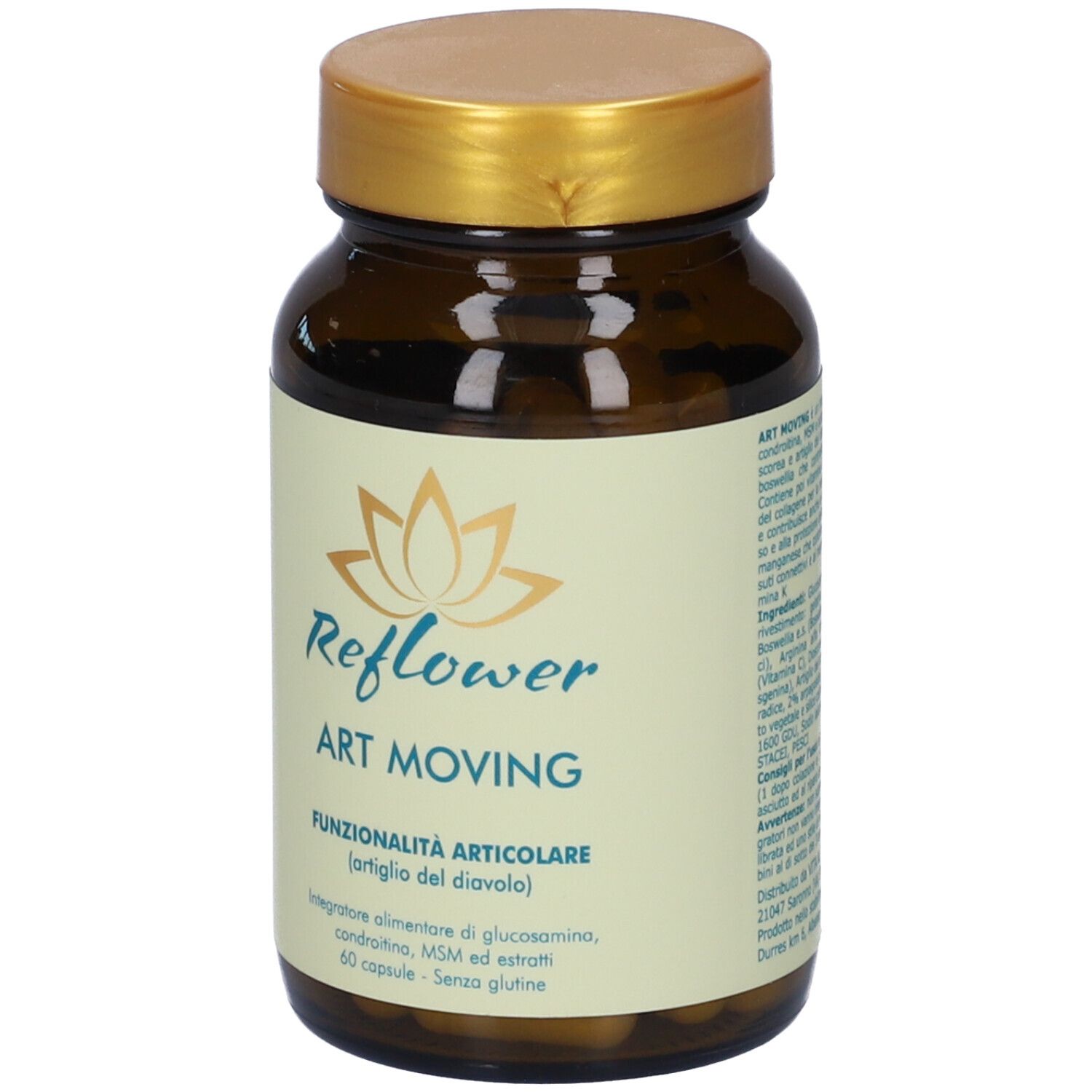 Flacone di vetro marrone con tappo dorato. Etichetta con nome del prodotto e ingredienti. Capsule.