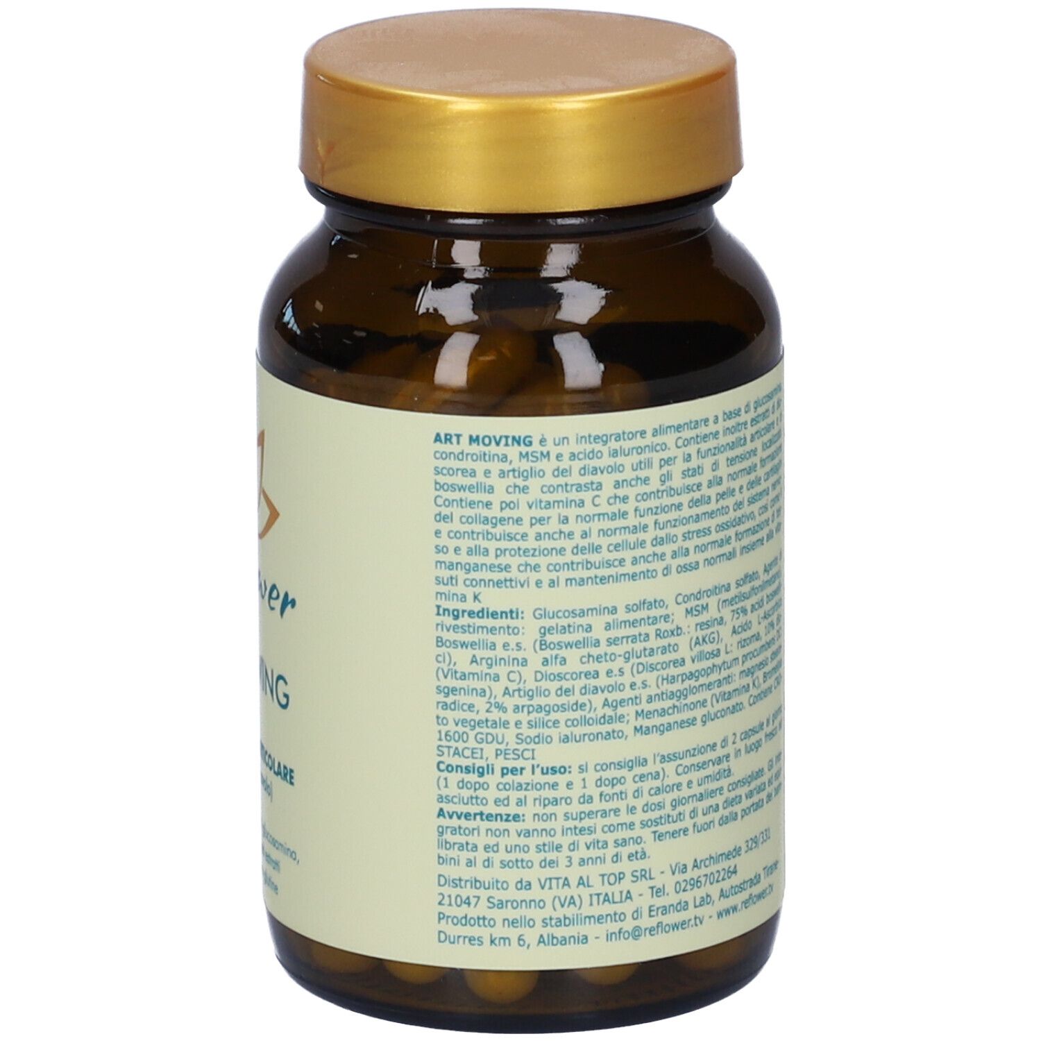 Dettaglio del retro del flacone. Testo sugli ingredienti e l'uso. Indirizzo del produttore.