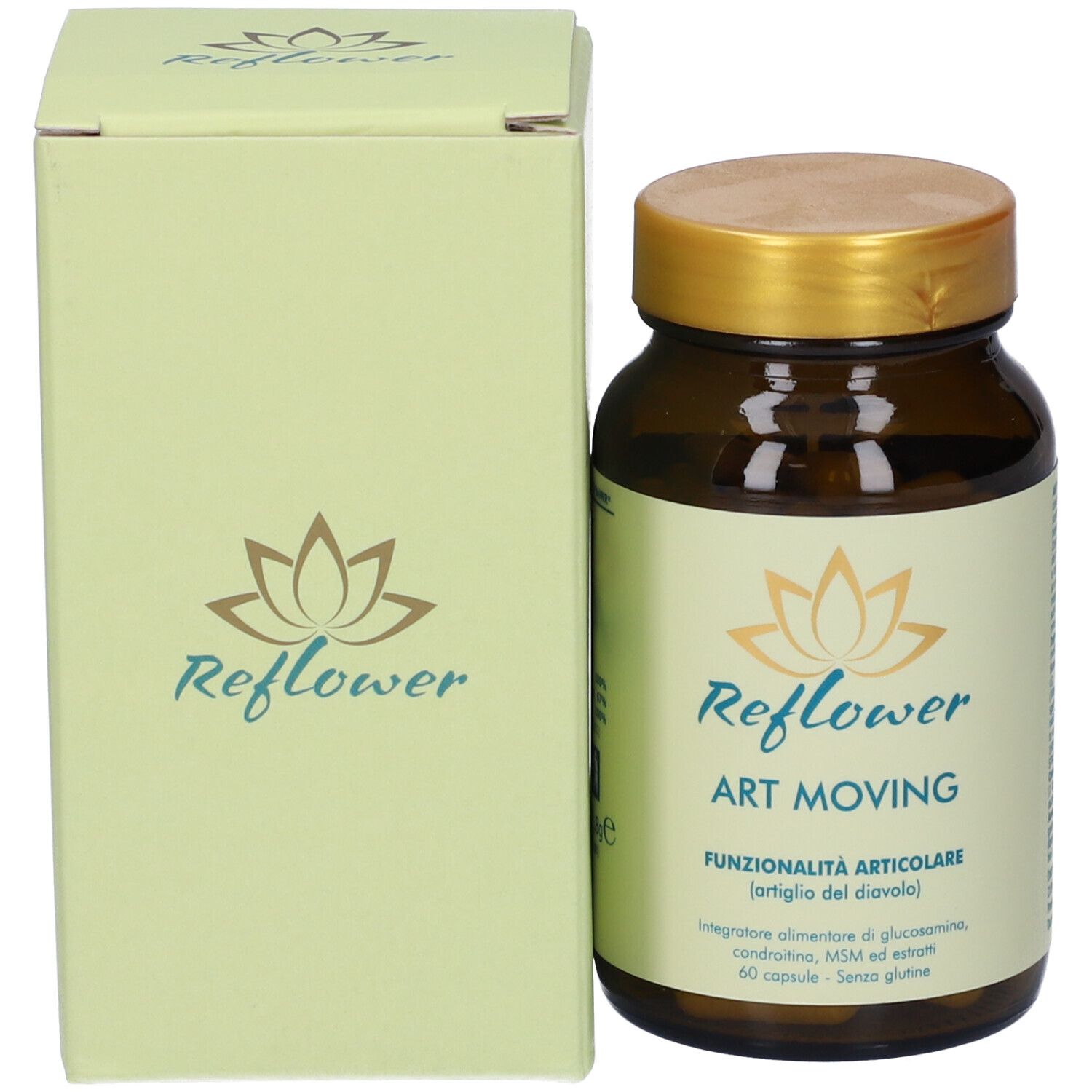 Flacone e confezione del prodotto. Flacone con tappo dorato ed etichetta. Scatola con logo.