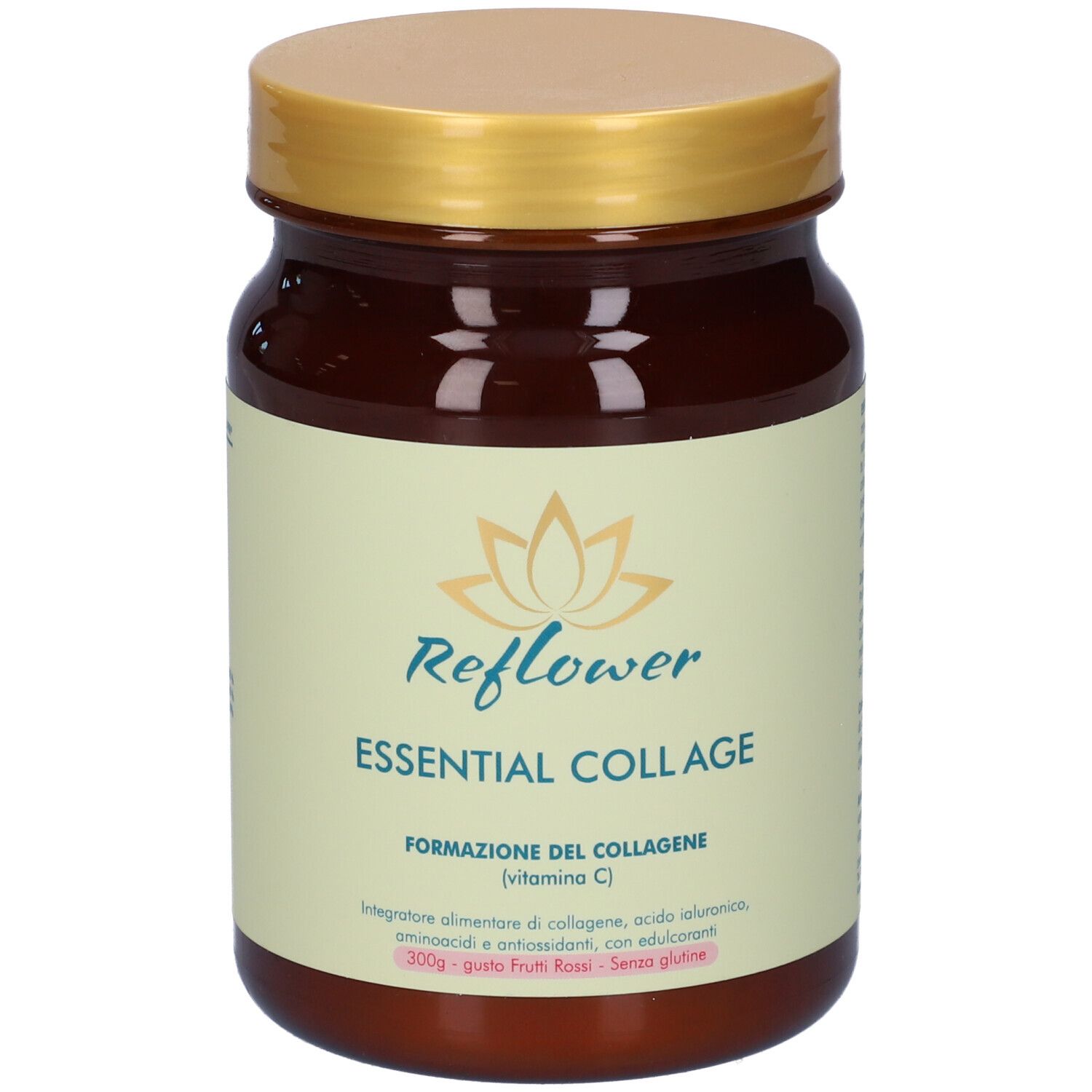 Barattolo marrone con coperchio dorato. Scritta: Reflower Essential Collage. Gusto: Frutti Rossi.