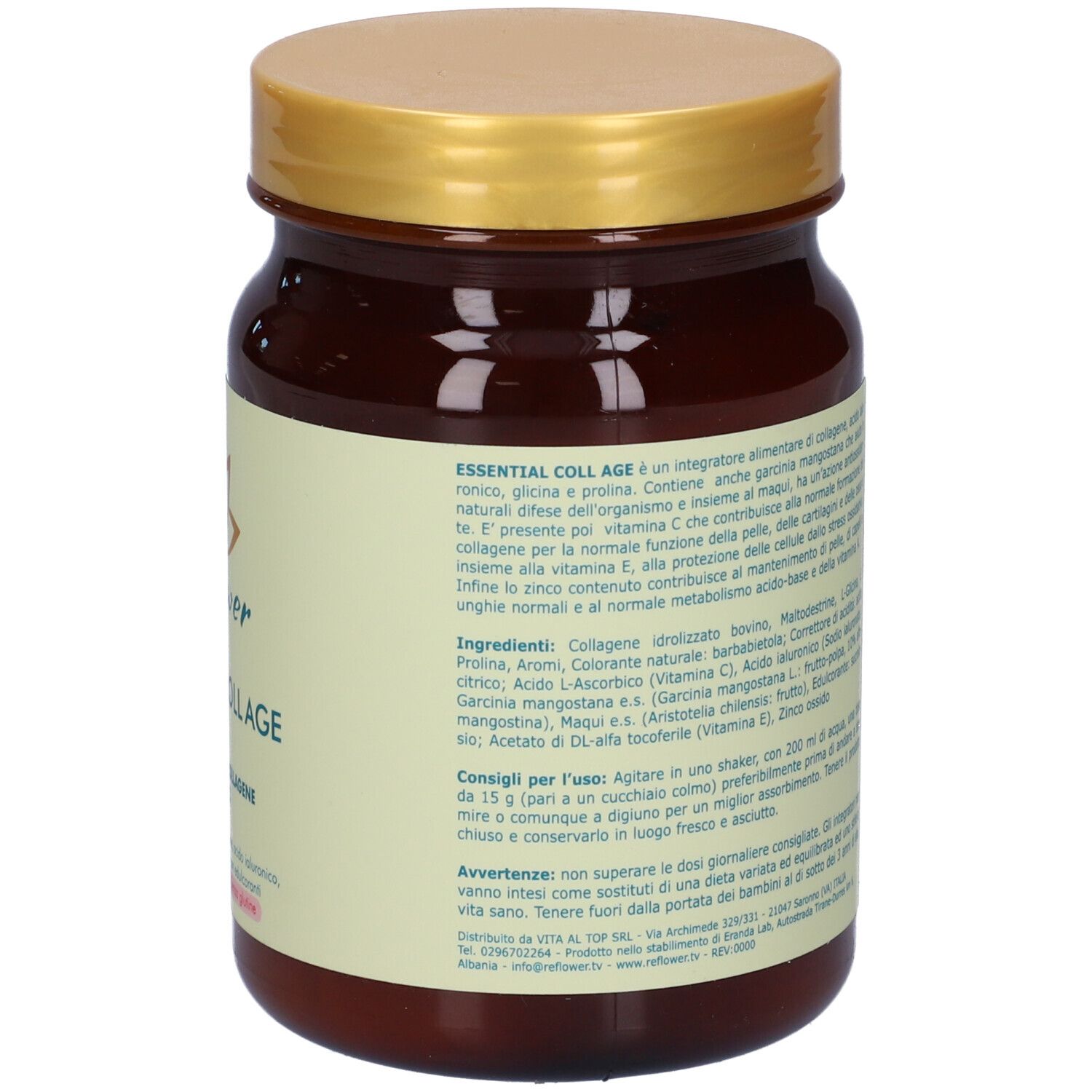 Retro del barattolo marrone con coperchio dorato. Testo con ingredienti e informazioni.