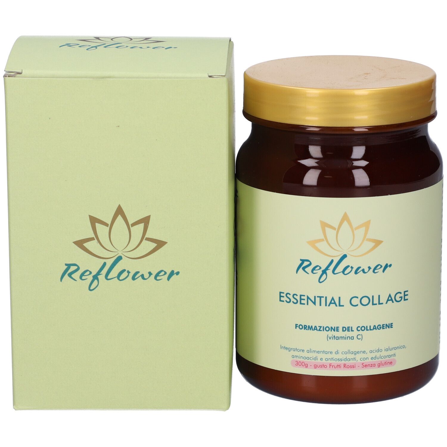 Barattolo marrone con coperchio dorato e scatola verde. Scritta: Reflower Essential Collage.