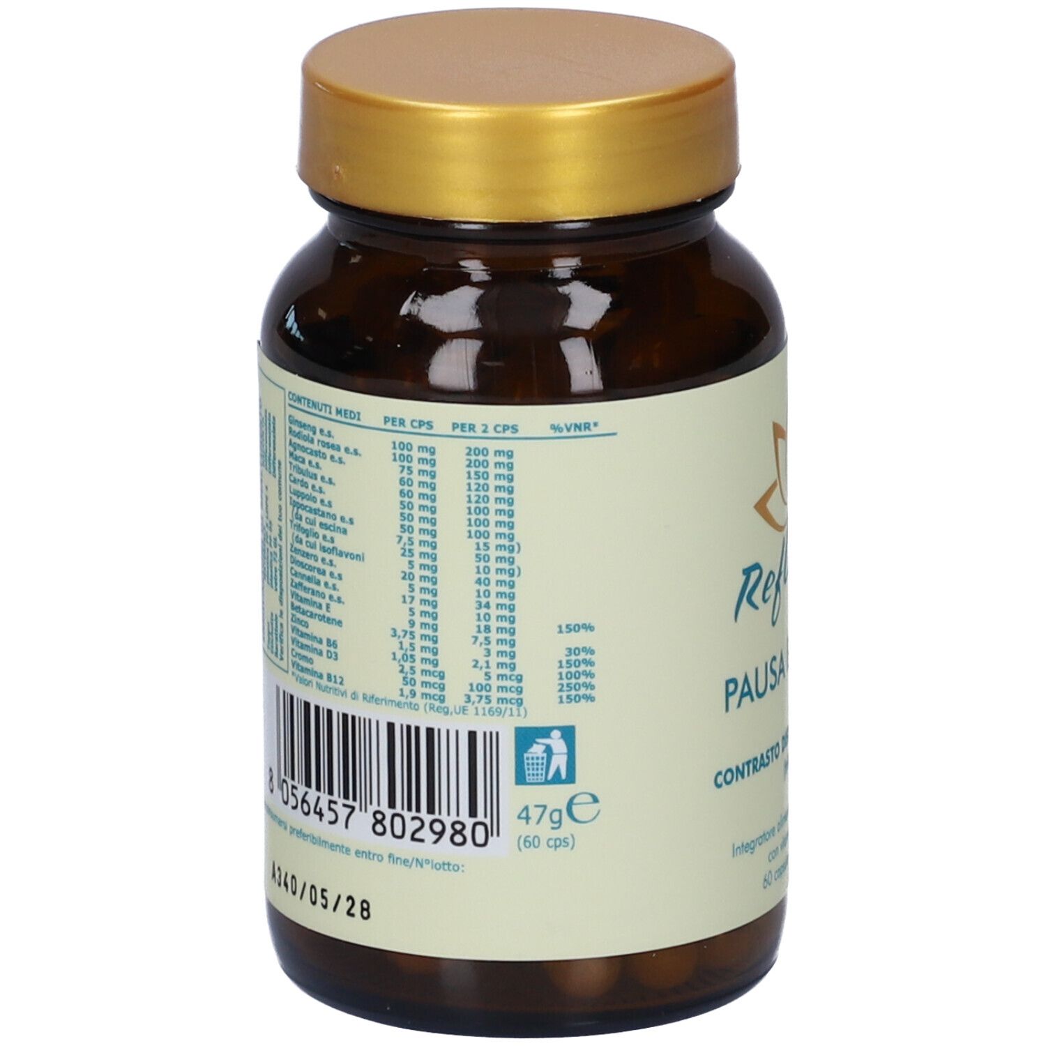 Retro del flacone. Etichetta con informazioni nutrizionali e codice a barre. Simbolo di riciclo e peso.