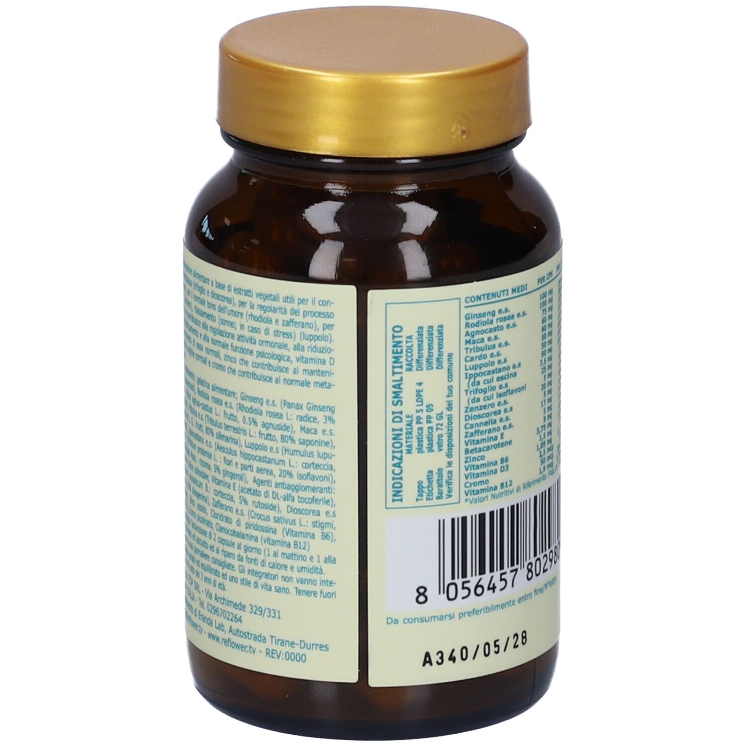 Retro del flacone. Etichetta con ingredienti e altre informazioni. Codice a barre e data di scadenza.