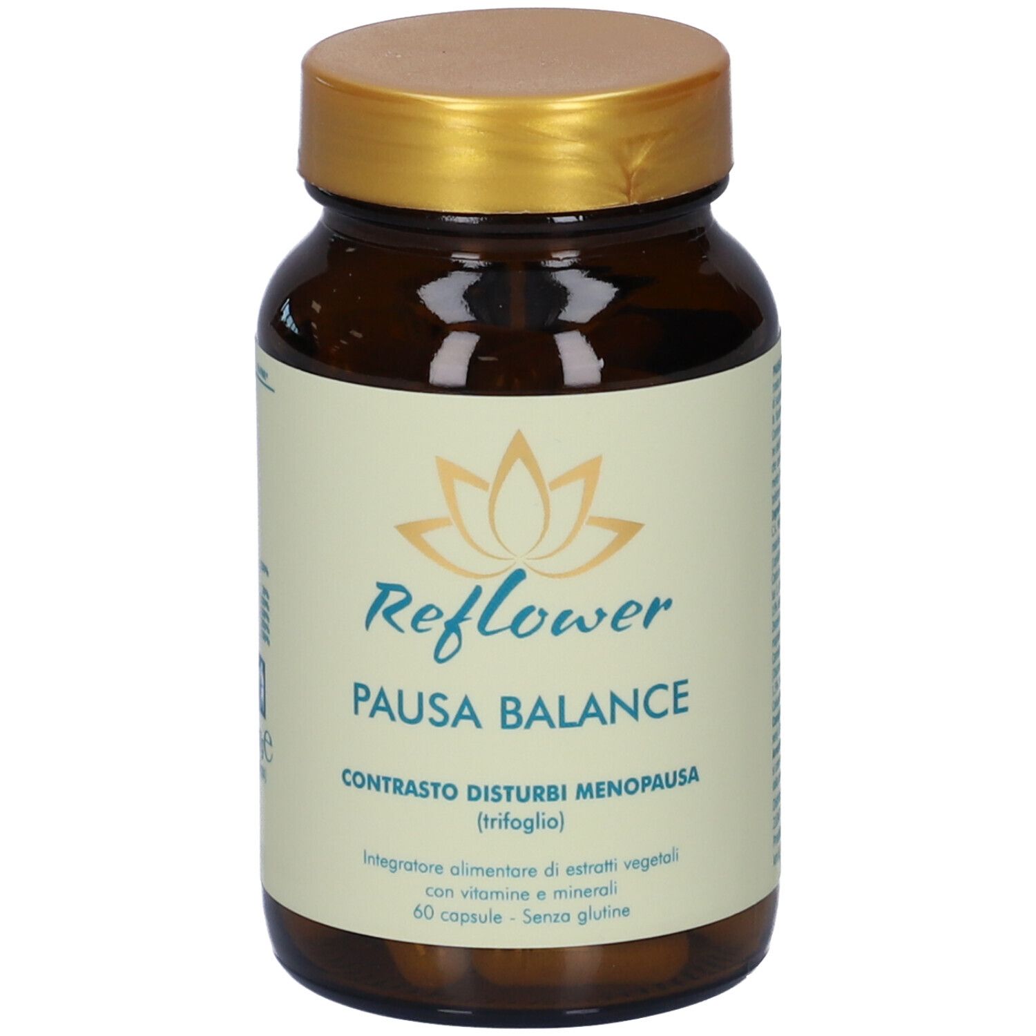 Flacone di vetro marrone con tappo dorato. Etichetta con nome del prodotto e logo floreale. Capsule visibili.