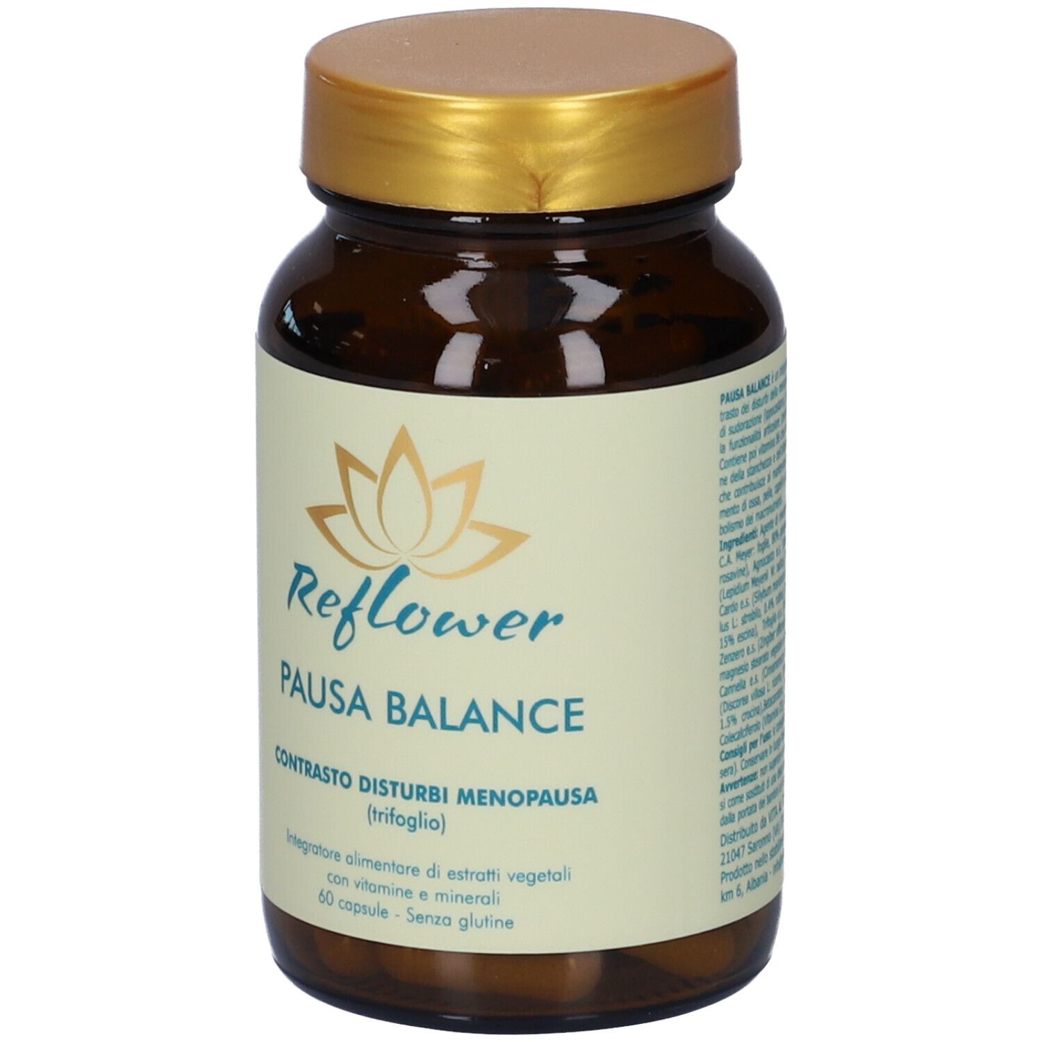 Flacone di vetro marrone con tappo dorato. Etichetta con nome del prodotto e logo floreale. Capsule visibili.