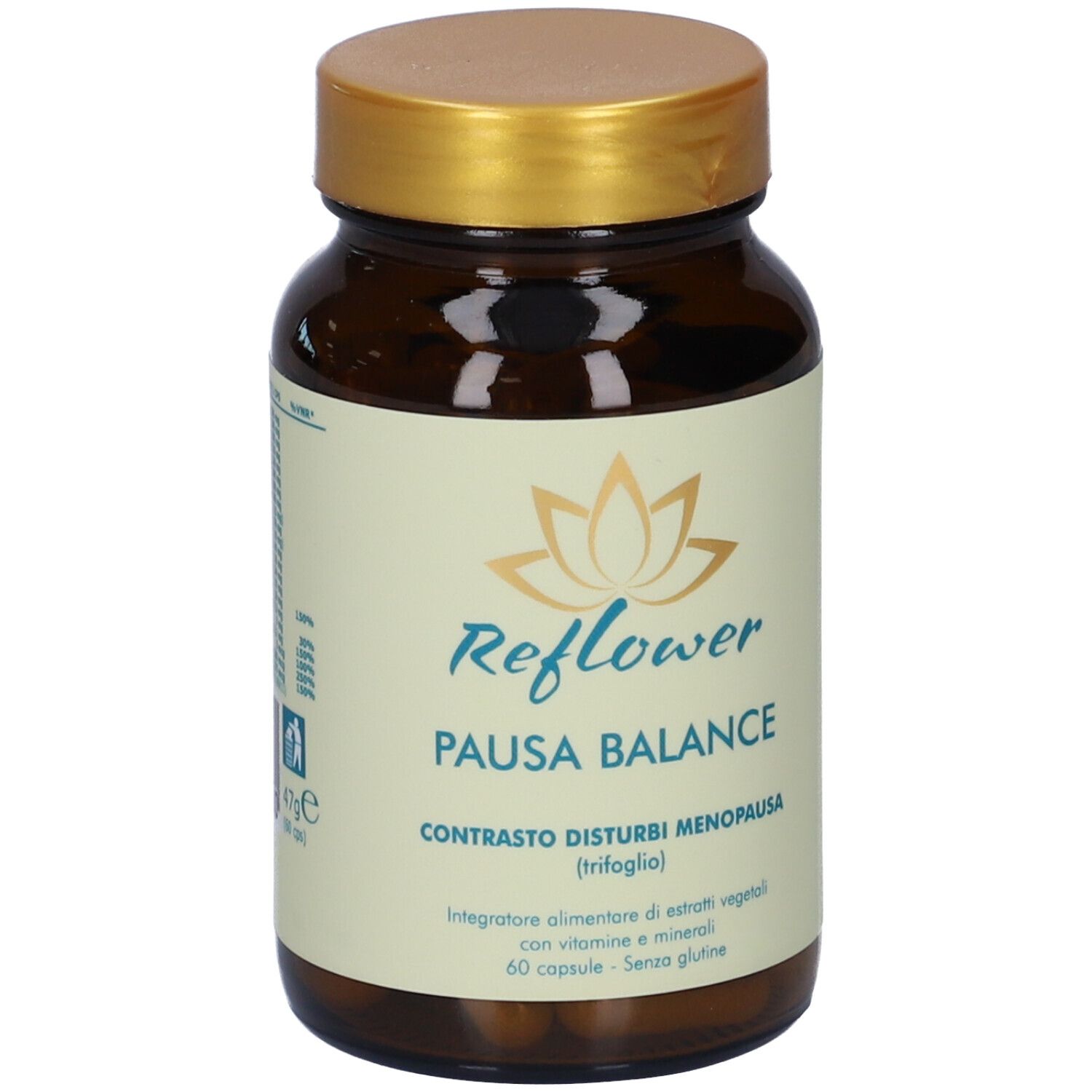 Flacone di vetro marrone con tappo dorato. Etichetta con nome del prodotto e logo floreale. Capsule visibili.