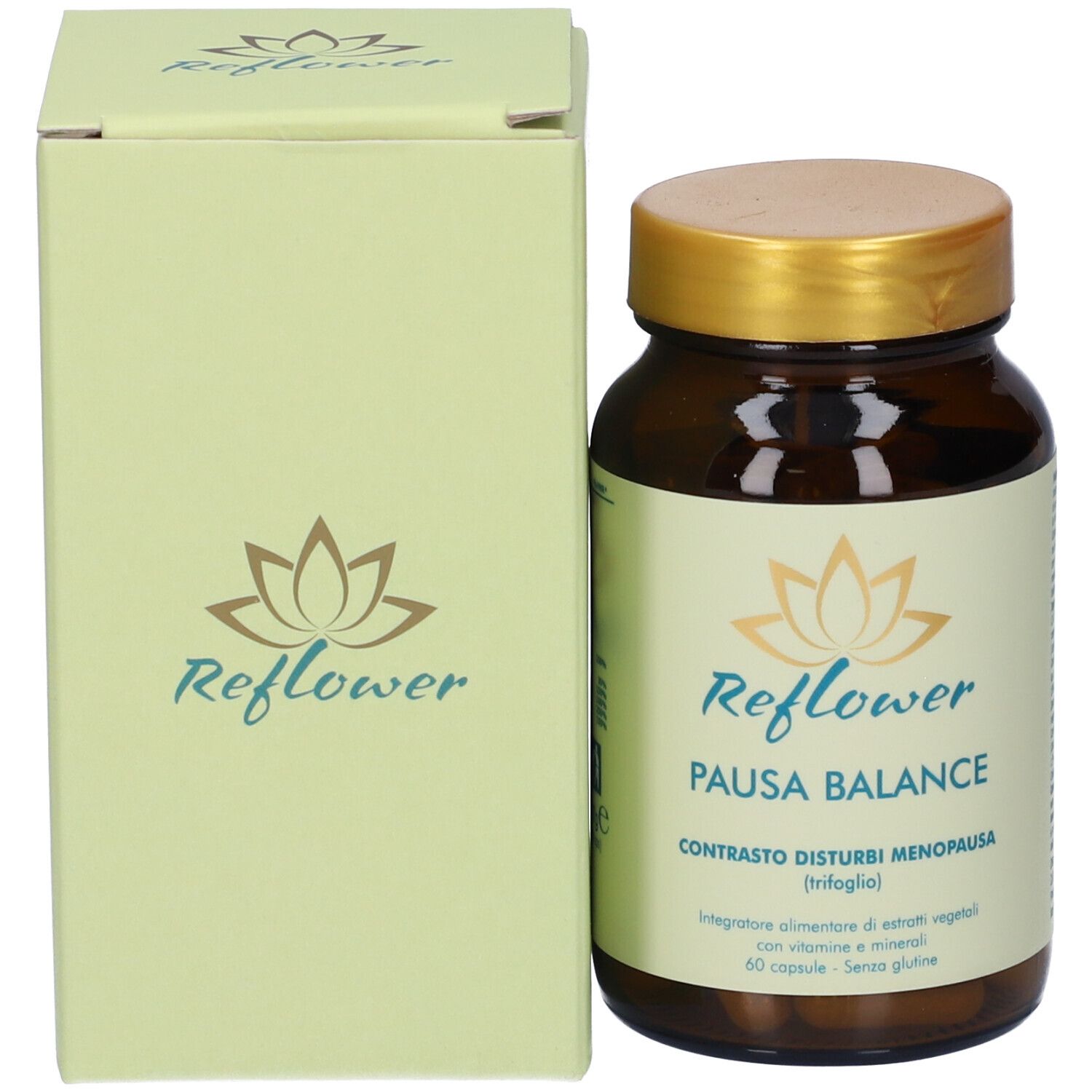 Flacone di vetro marrone con tappo dorato e confezione. Etichetta con nome del prodotto e logo.