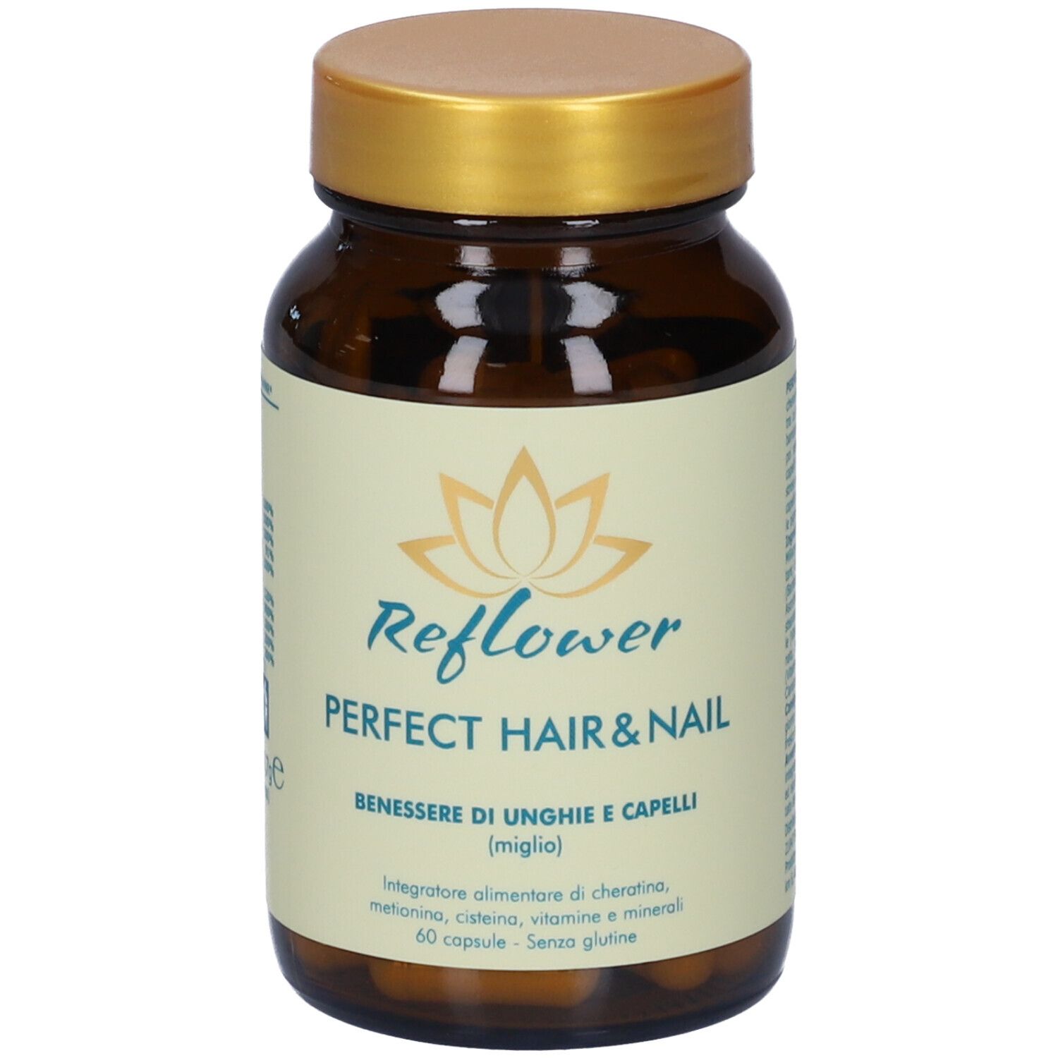 Flacone di vetro marrone con tappo dorato. Etichetta con nome e logo del prodotto. Capsule per capelli e unghie.