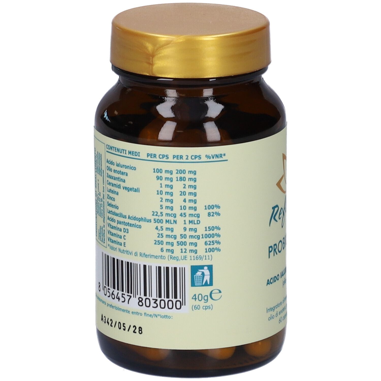 Retro del flacone. Etichetta con informazioni nutrizionali per capsula. Codice a barre e peso 40g (60 capsule).