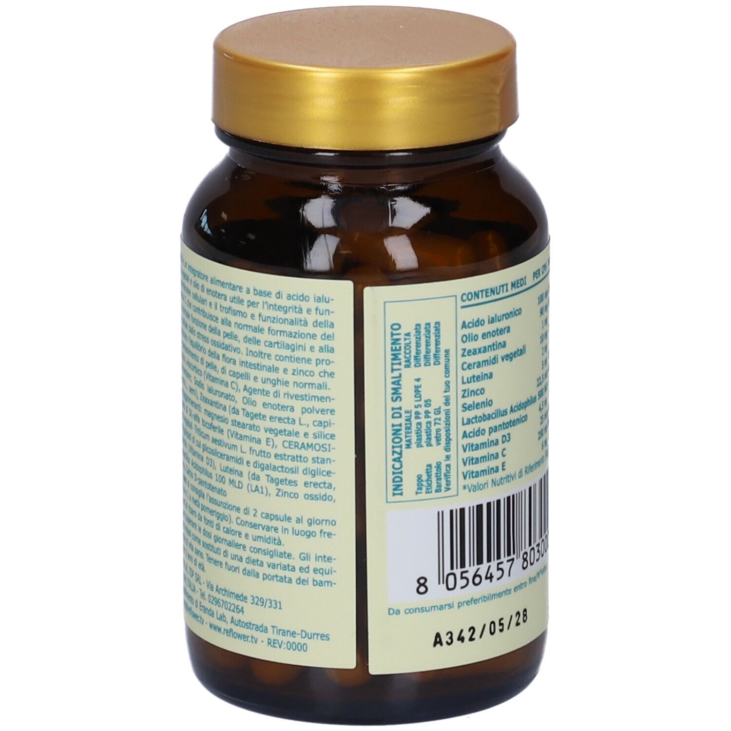 Retro del flacone. Etichetta con ingredienti e raccomandazioni d'uso. Data di scadenza.