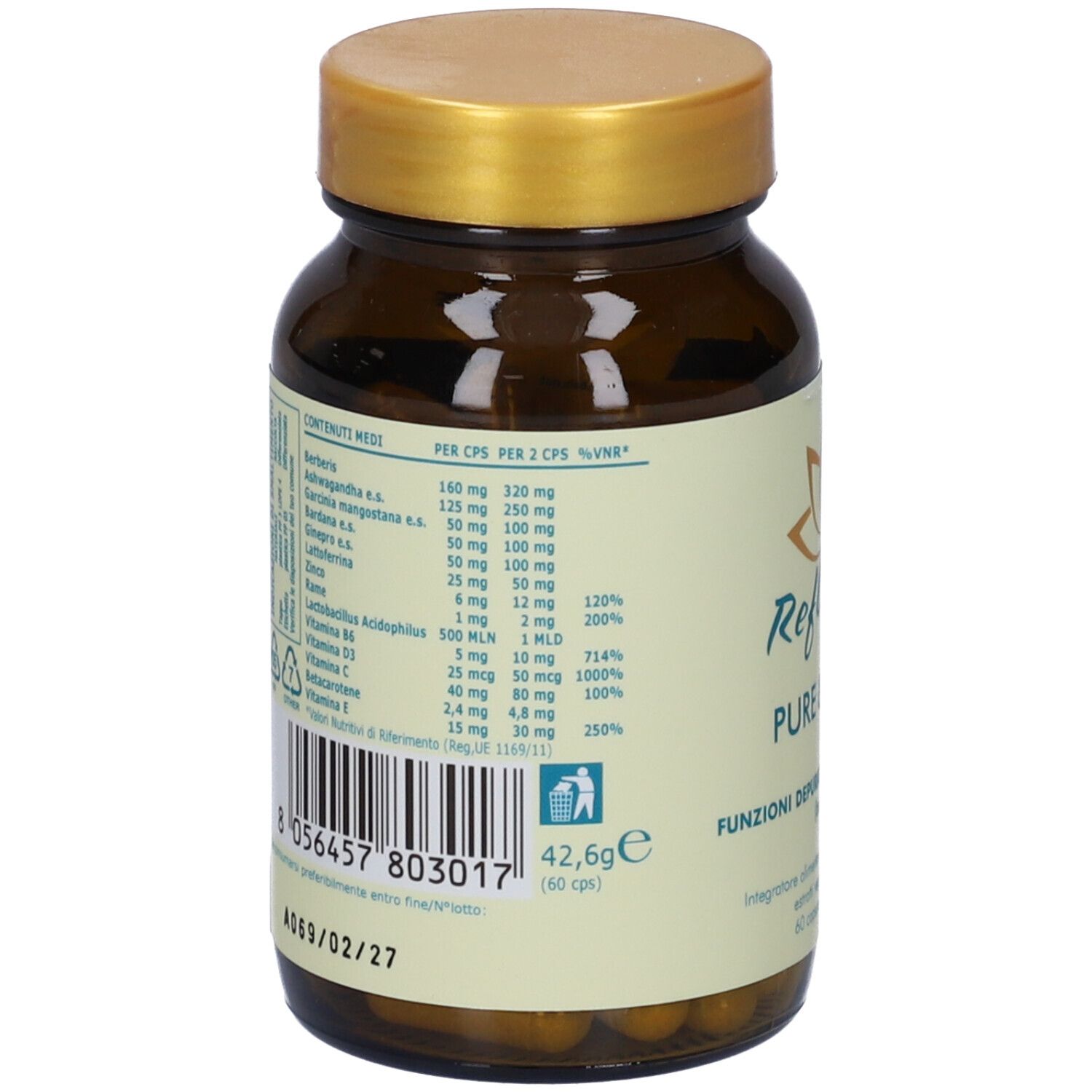 Retro del flacone marrone. Etichetta con ingredienti e informazioni nutrizionali. Codice a barre e scadenza.
