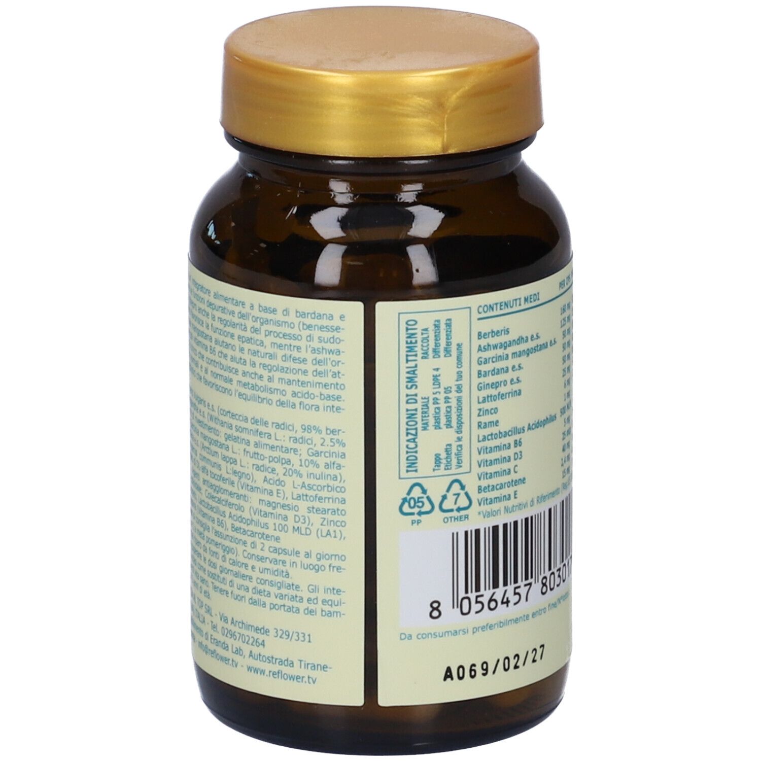 Retro del flacone marrone. Etichetta con ingredienti e istruzioni per lo smaltimento. Scadenza.