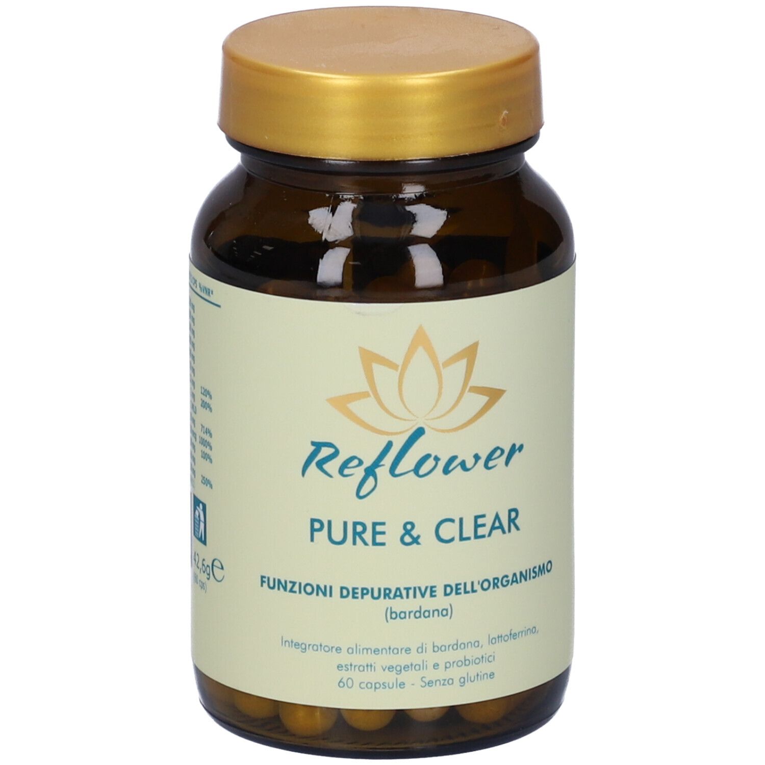 Flacone di vetro marrone con tappo dorato. Etichetta "Reflower Pure & Clear" e logo floreale. 60 capsule.